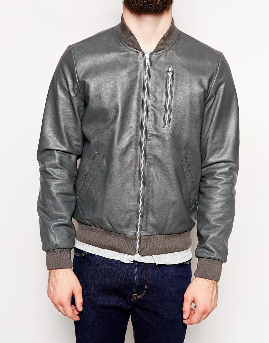 ASOS Leather Bomber Jacket in Grey (Gray) for Men Lyst