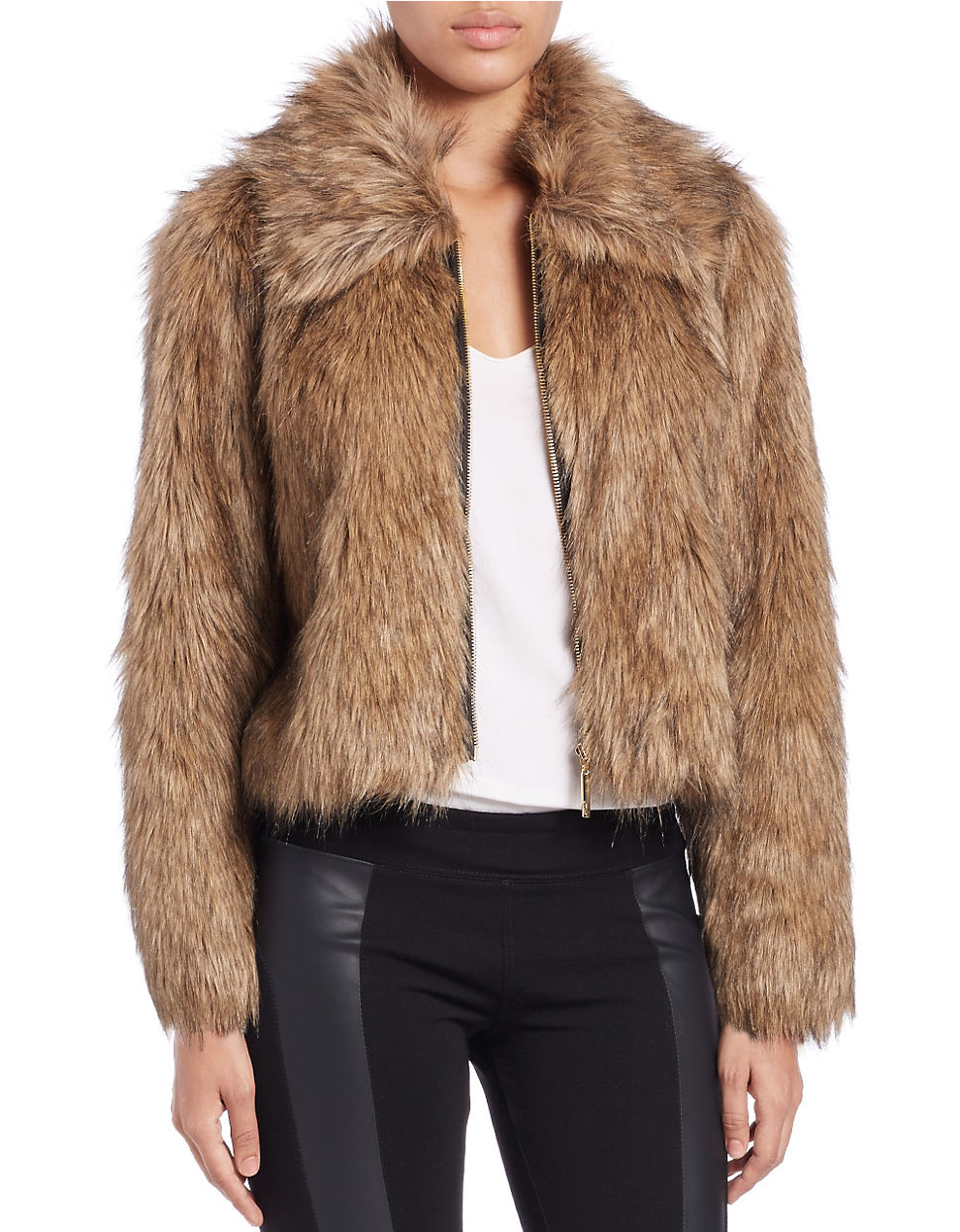 Lyst Kensie Cropped Faux Fur Jacket In Brown Gallery
