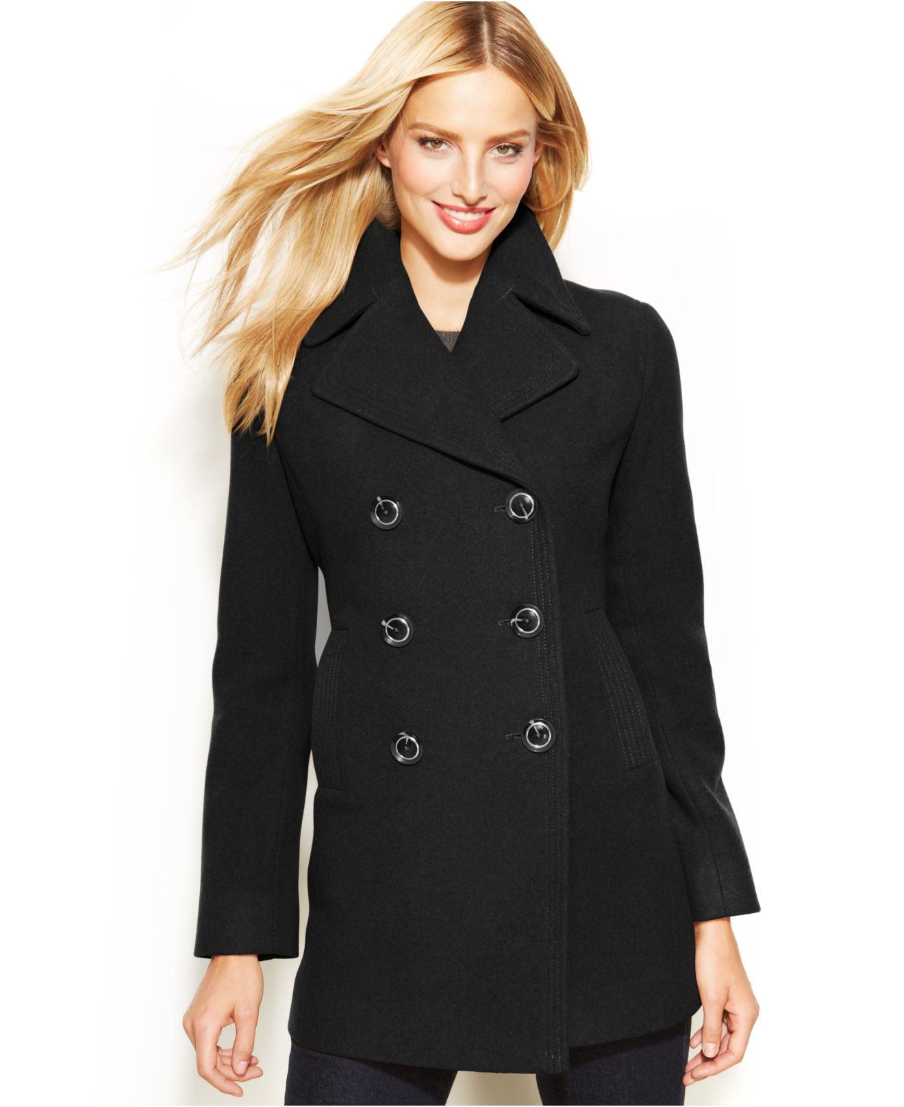 Kenneth Cole Reaction Petite Double-Breasted Wool-Blend Pea Coat in Black |  Lyst