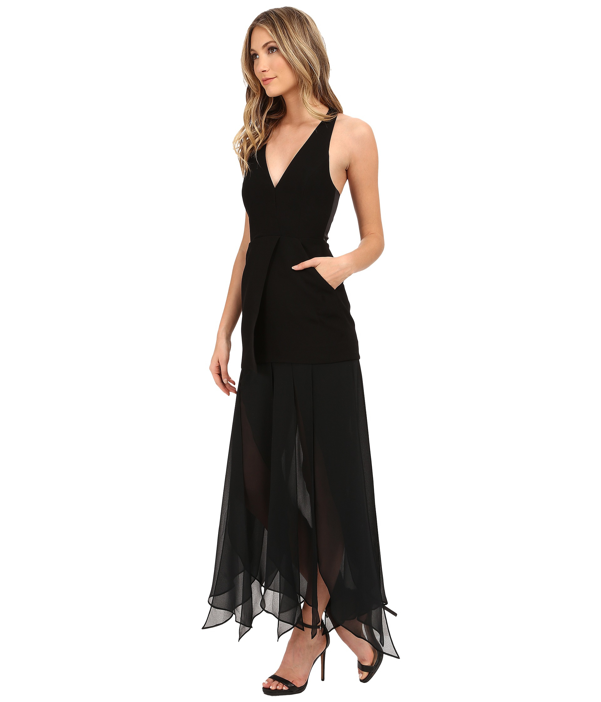 Halston Satin Sleeveless Deep V-neck Crepe Dress With ...