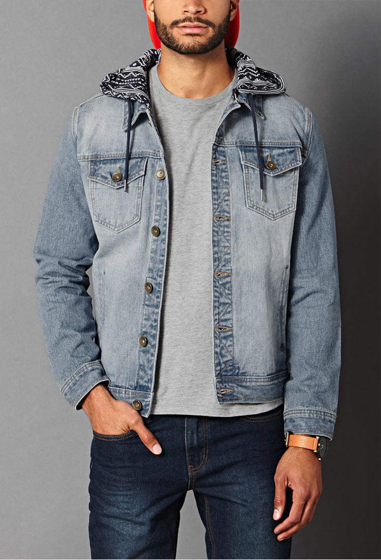 Lyst - Forever 21 Print Hooded Denim Jacket in Blue for Men