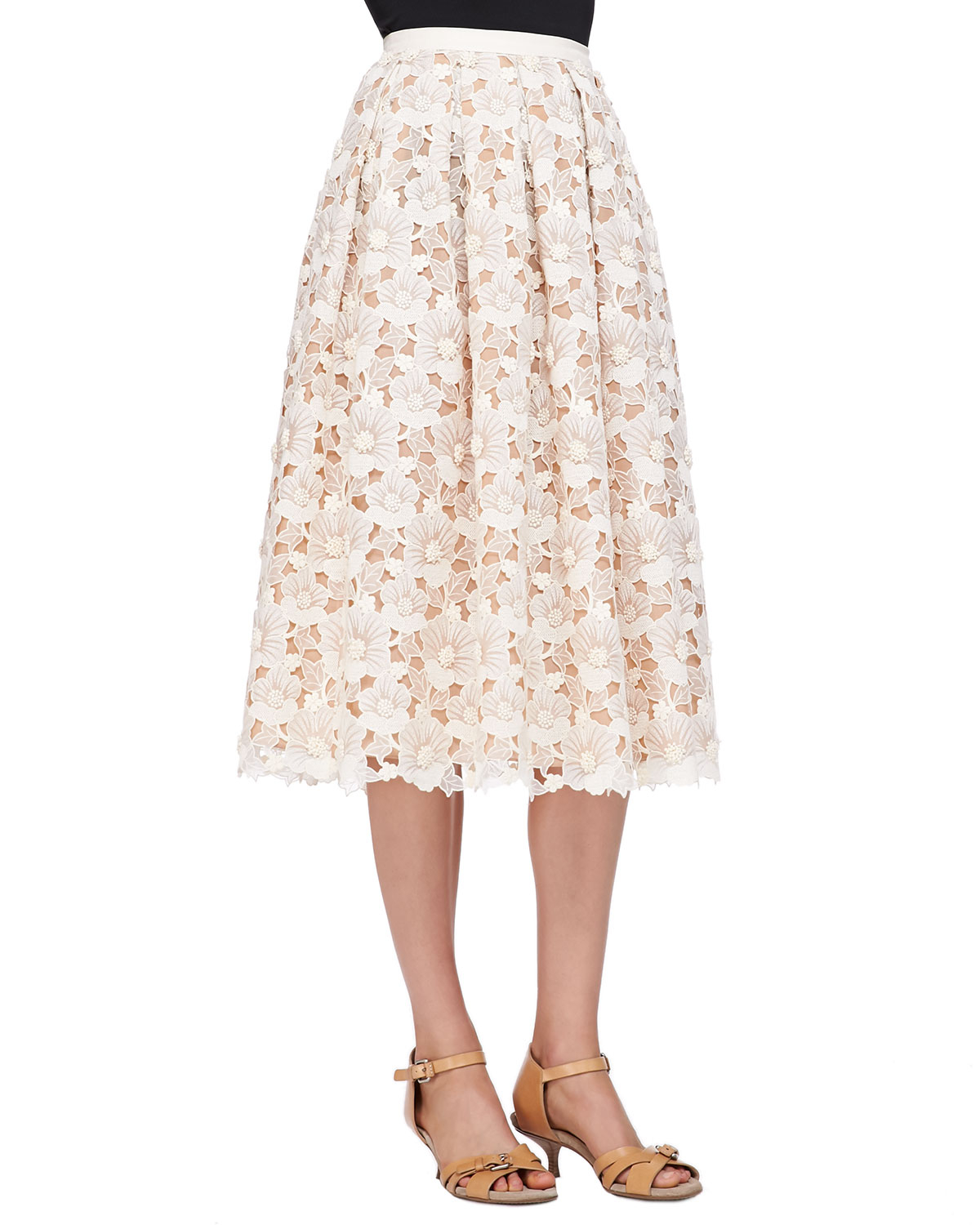 Michael kors Floral Lace Mid-Calf Skirt in Natural | Lyst