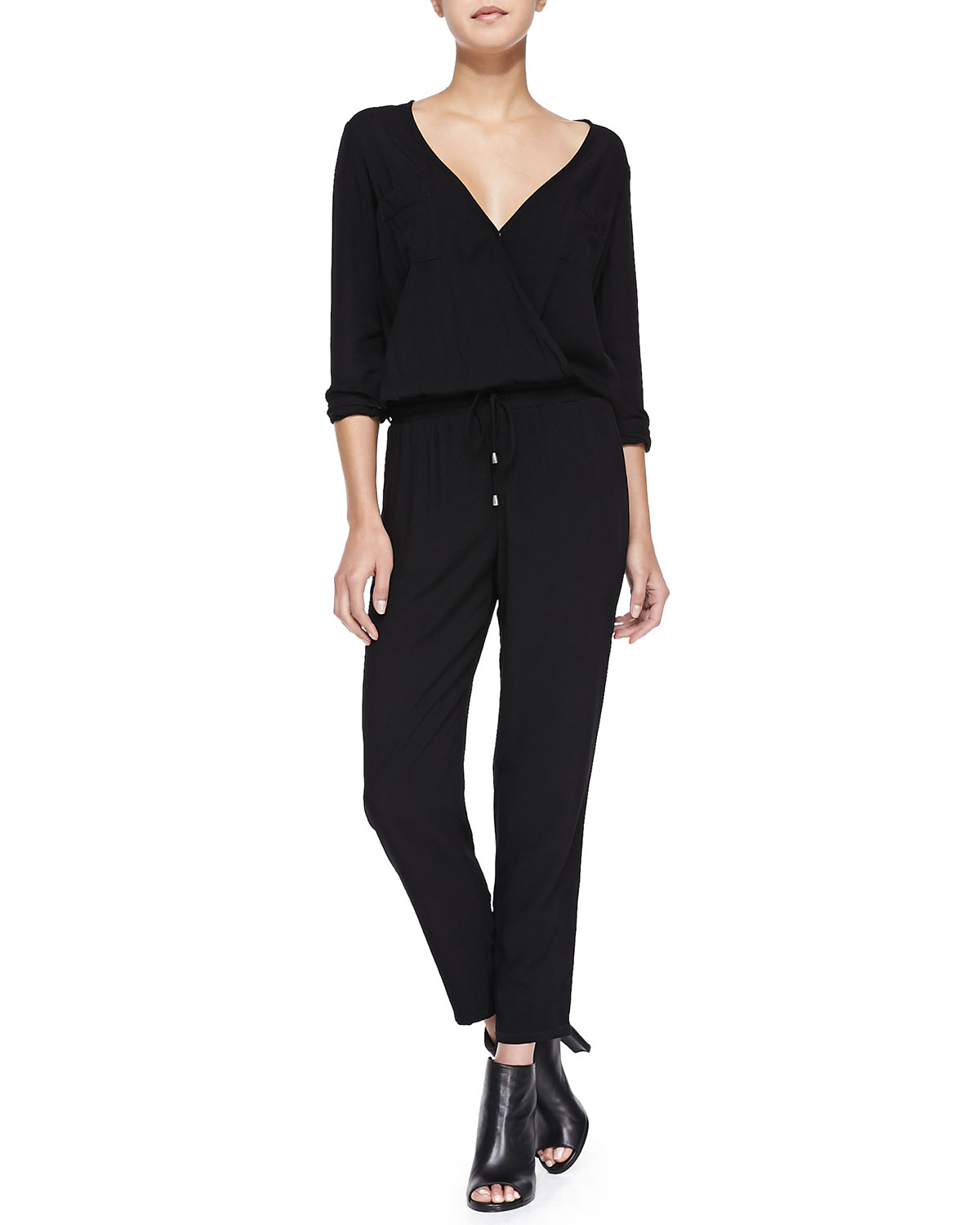 Splendid Long-Sleeve Jumpsuit W/ Drawstring Waist in Black | Lyst