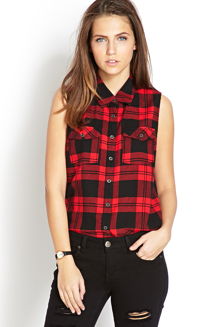 Lyst - Forever 21 Sleeveless Plaid Shirt in Red