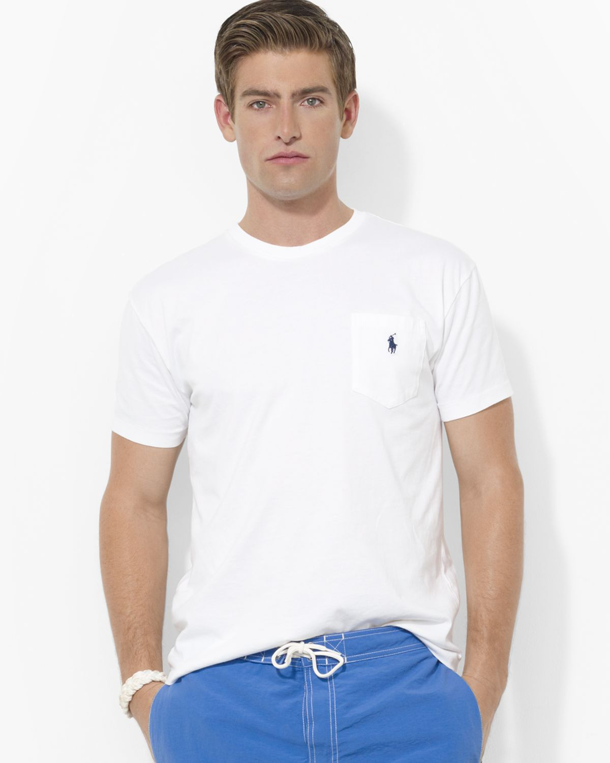 Men Cotton White Fit Ralph Short For Sleeved Lauren Polo Tee Pocket Classic R5Lq34jAc