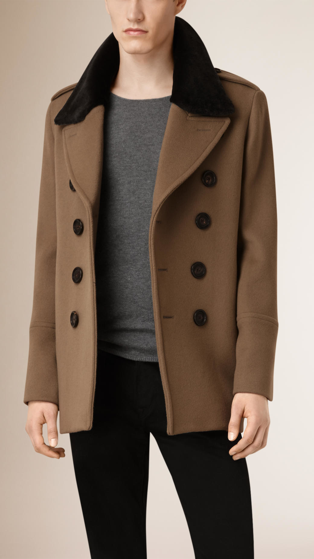Burberry Virgin Wool Cashmere Pea Coat With Rabbit Fur Collar in Brown for  Men | Lyst