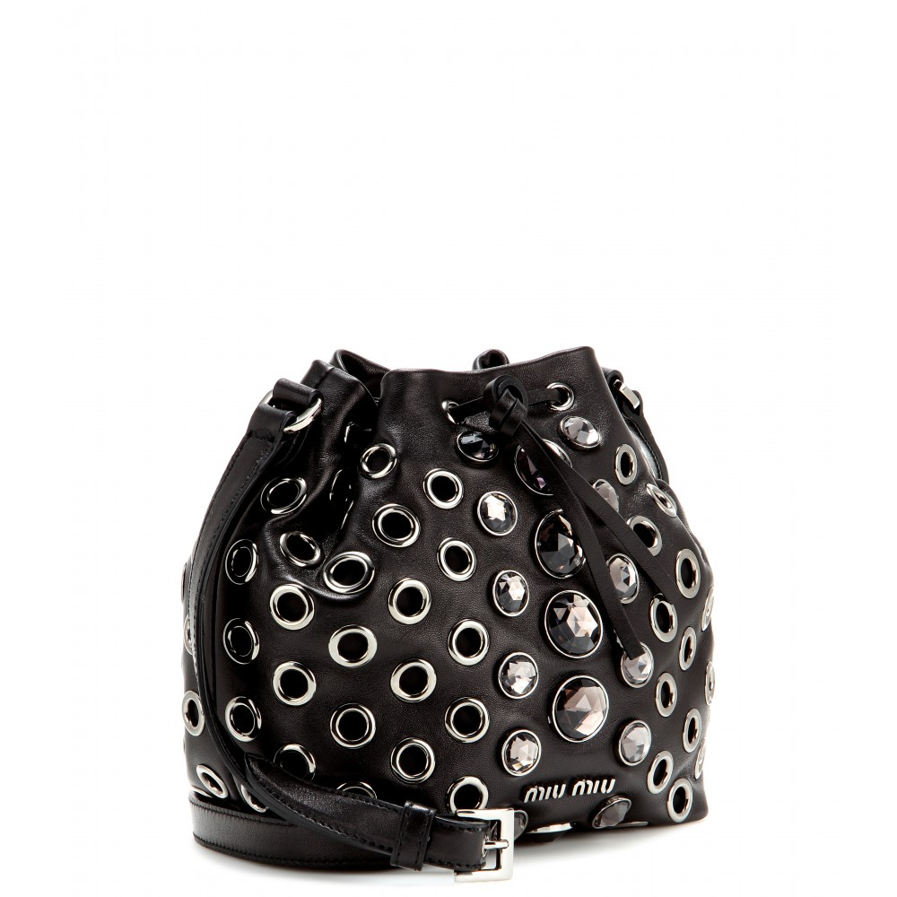 Miu Miu Crystalembellished Leather Drawstring Bag in Nero (Black) Lyst