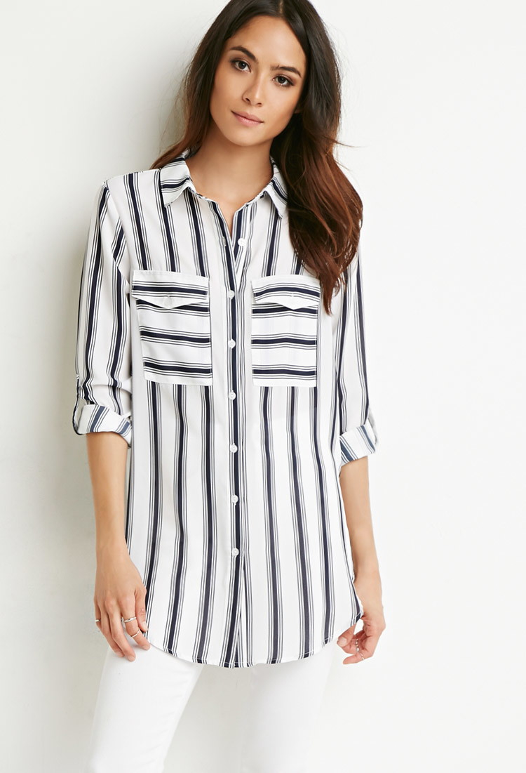 Forever 21 Mixed Stripe Longline Shirt in Blue Lyst