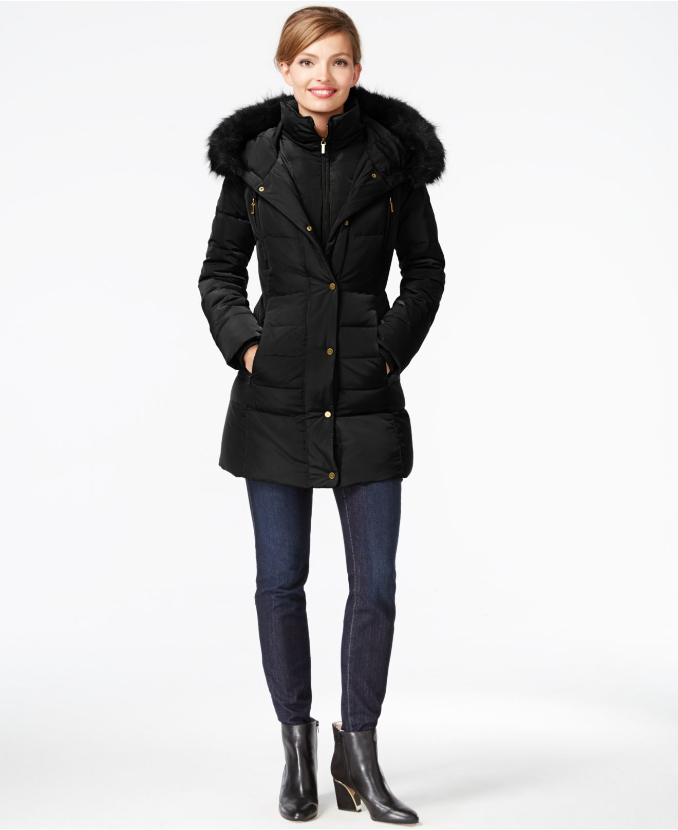 Lyst - Jones New York Faux-fur-trim Down Coat in Black