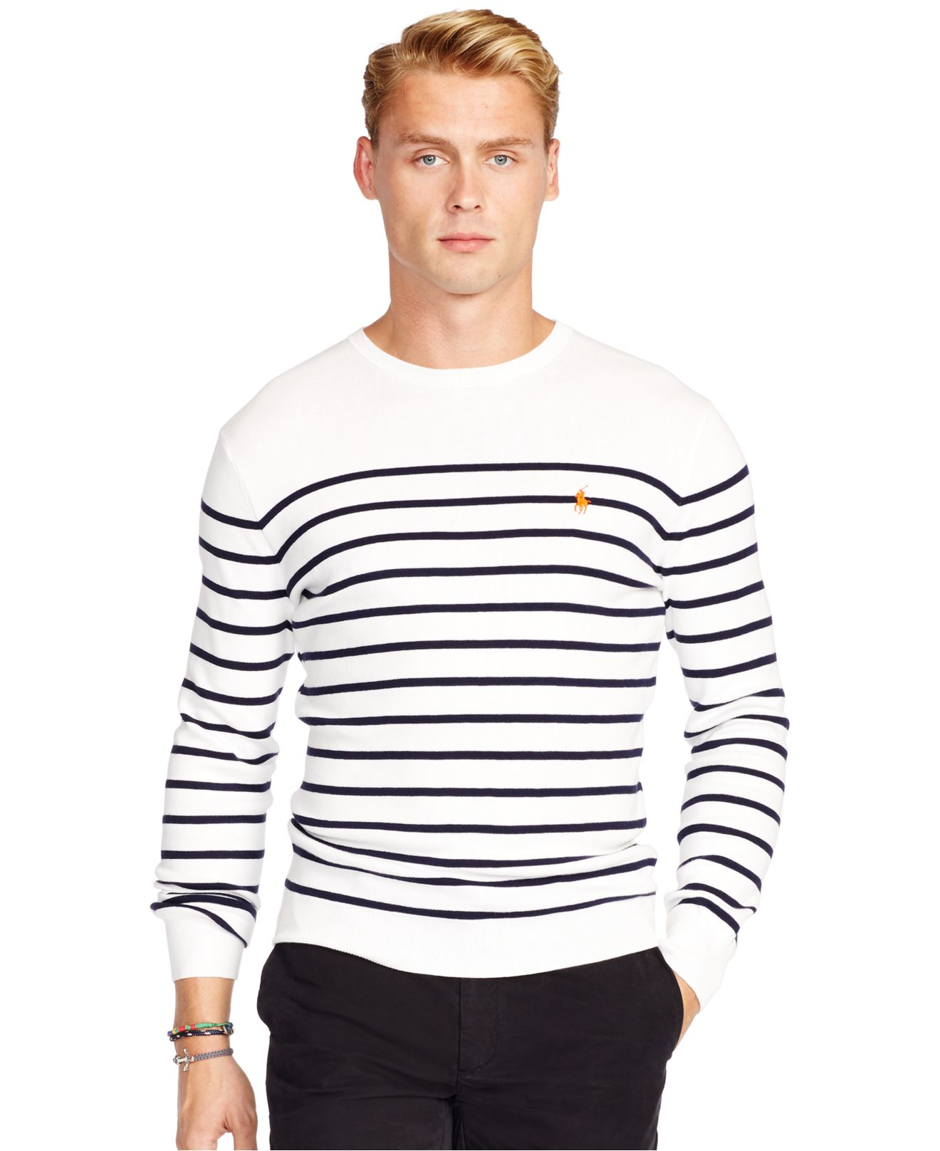 Polo Ralph Lauren Cotton Striped Pima Crewneck Sweater in White for Men |  Lyst