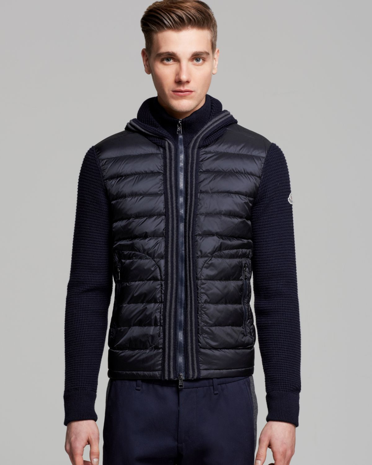 Moncler Maglione Mixed Media Zip Hoodie in Blue for Men | Lyst