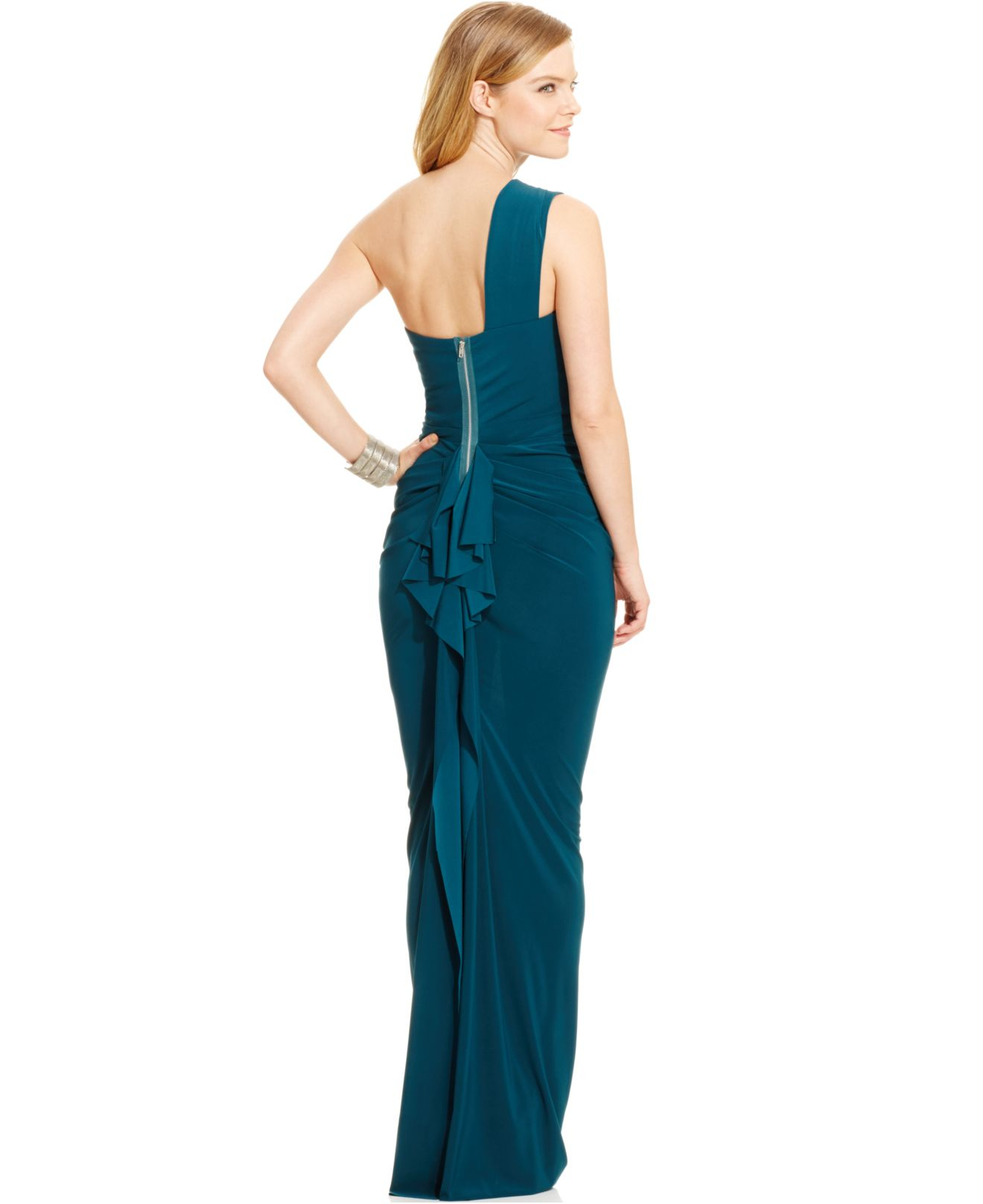 Xscape Synthetic Ruffle-back One-shoulder Gown in Emerald (Blue) - Lyst