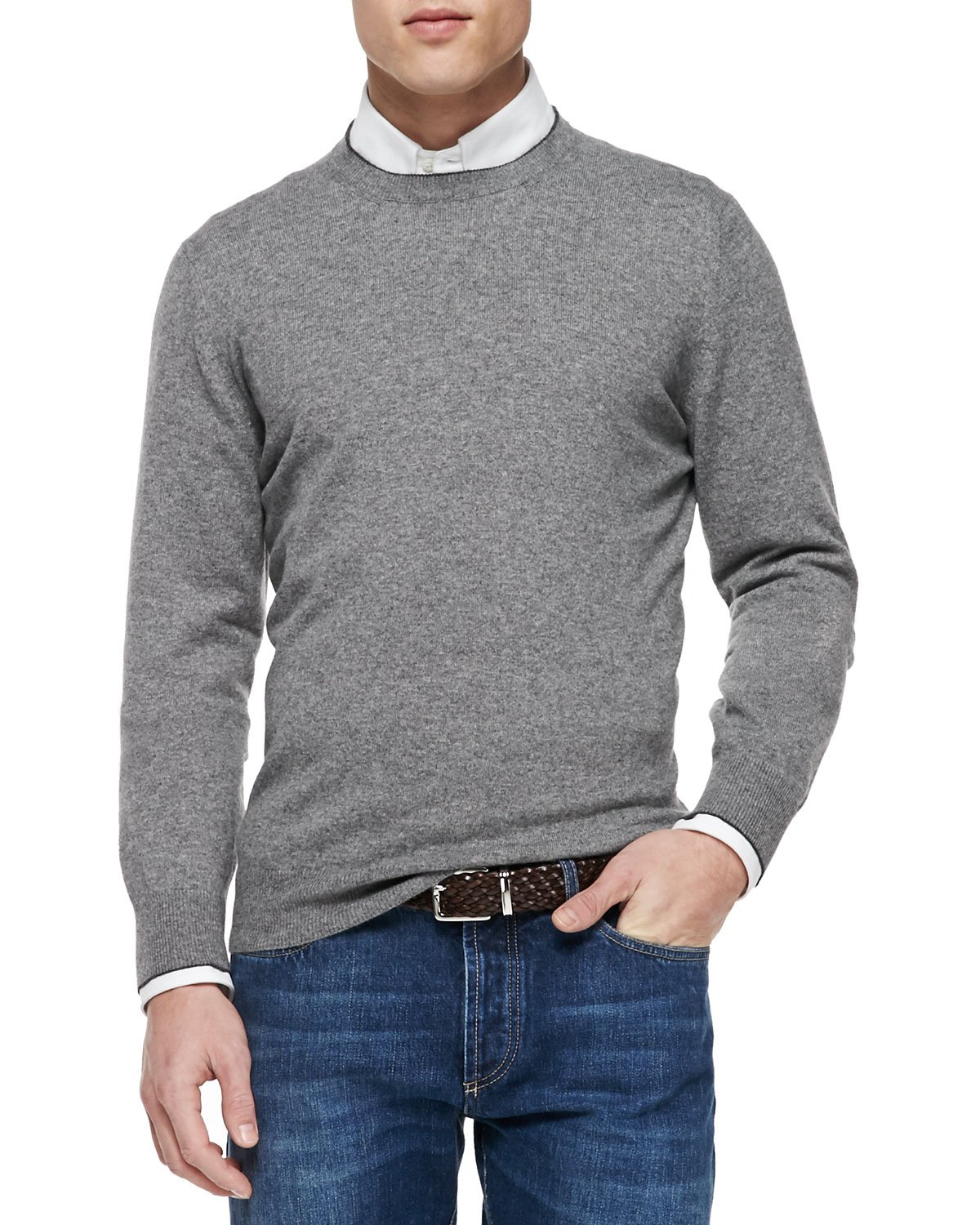 Lyst - Brunello Cucinelli Cashmere Crewneck Pullover Sweater in Gray ...