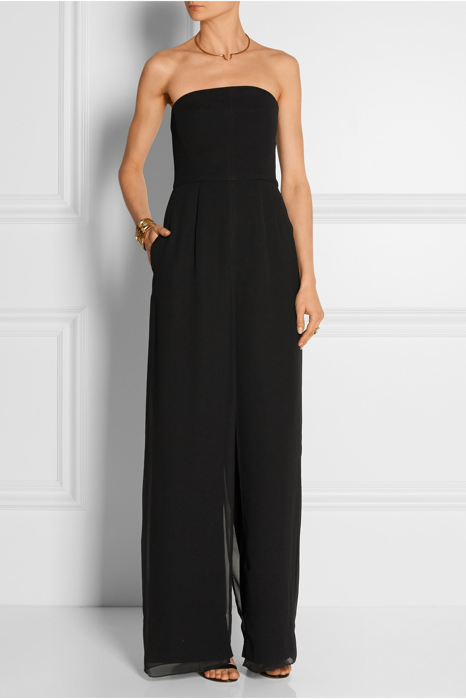 halston heritage chiffon overlay strapless jumpsuit