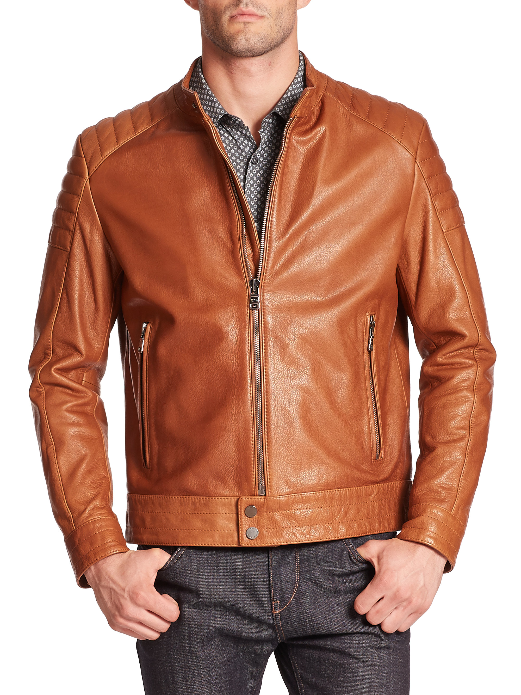 BOSS by Hugo Boss Nupitz Leather Moto Jacket in Brown for Men Lyst