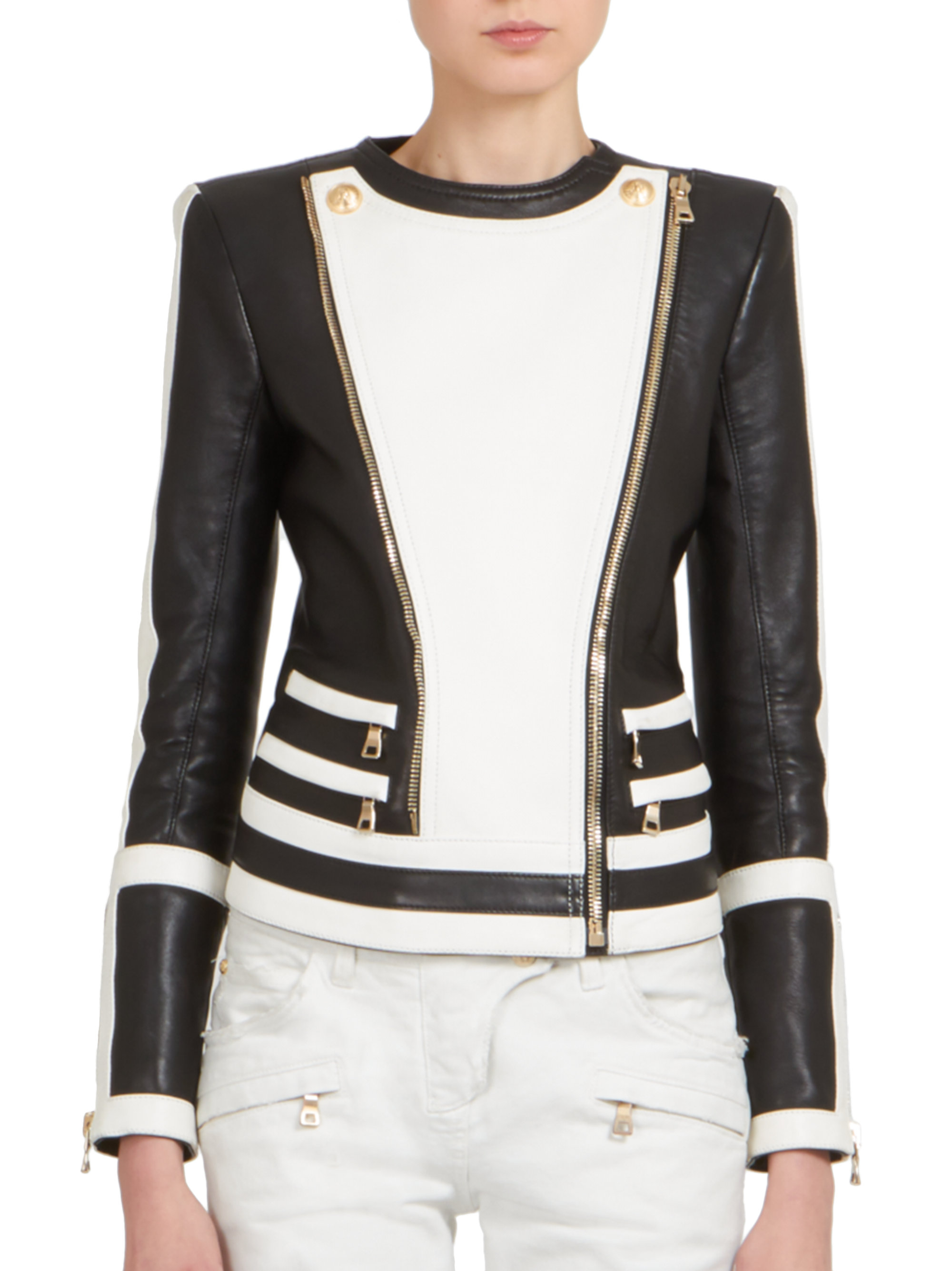 Balmain Bicolor Leather Moto Jacket in Black White (Black) - Lyst