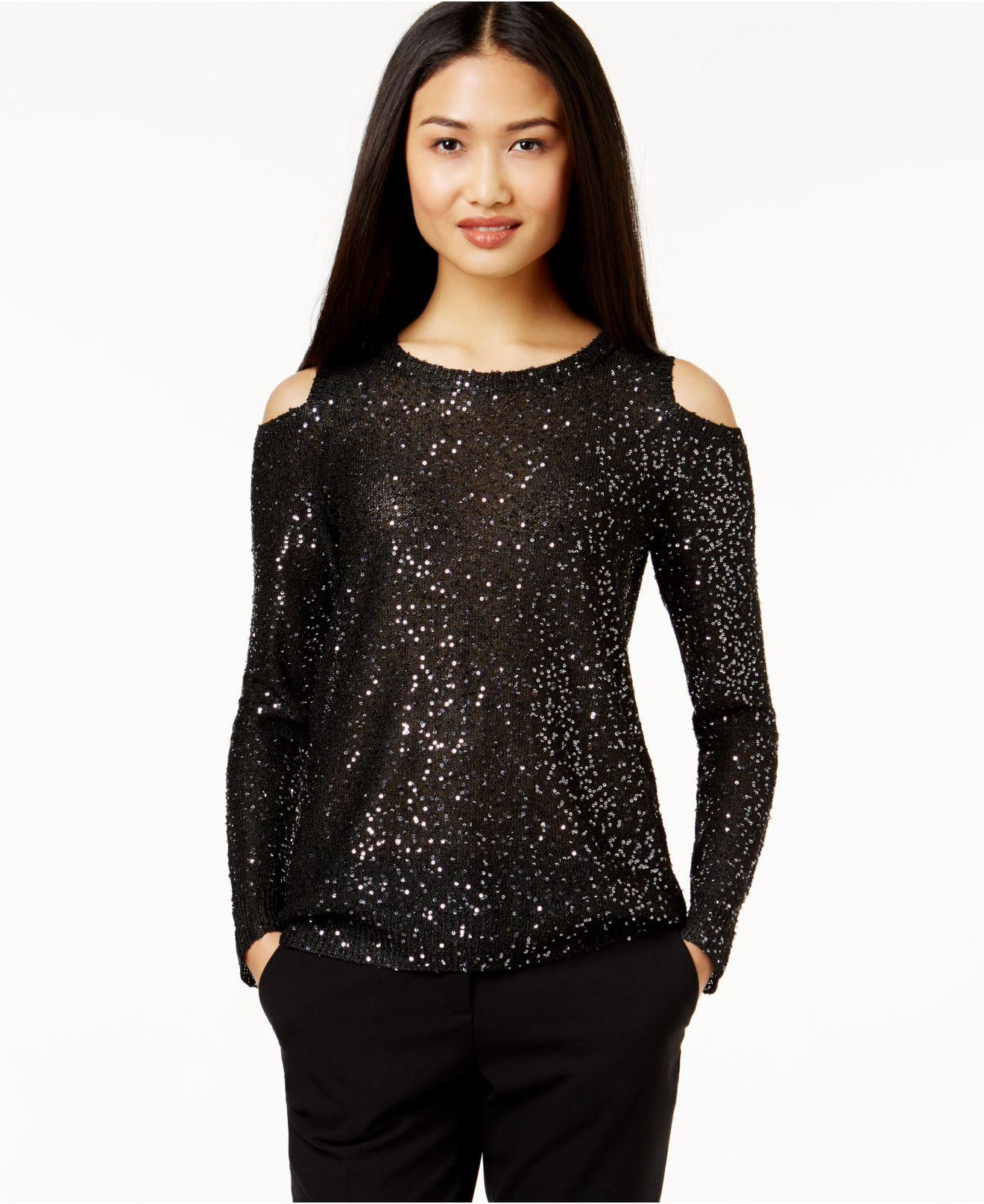 black sequin cold shoulder top