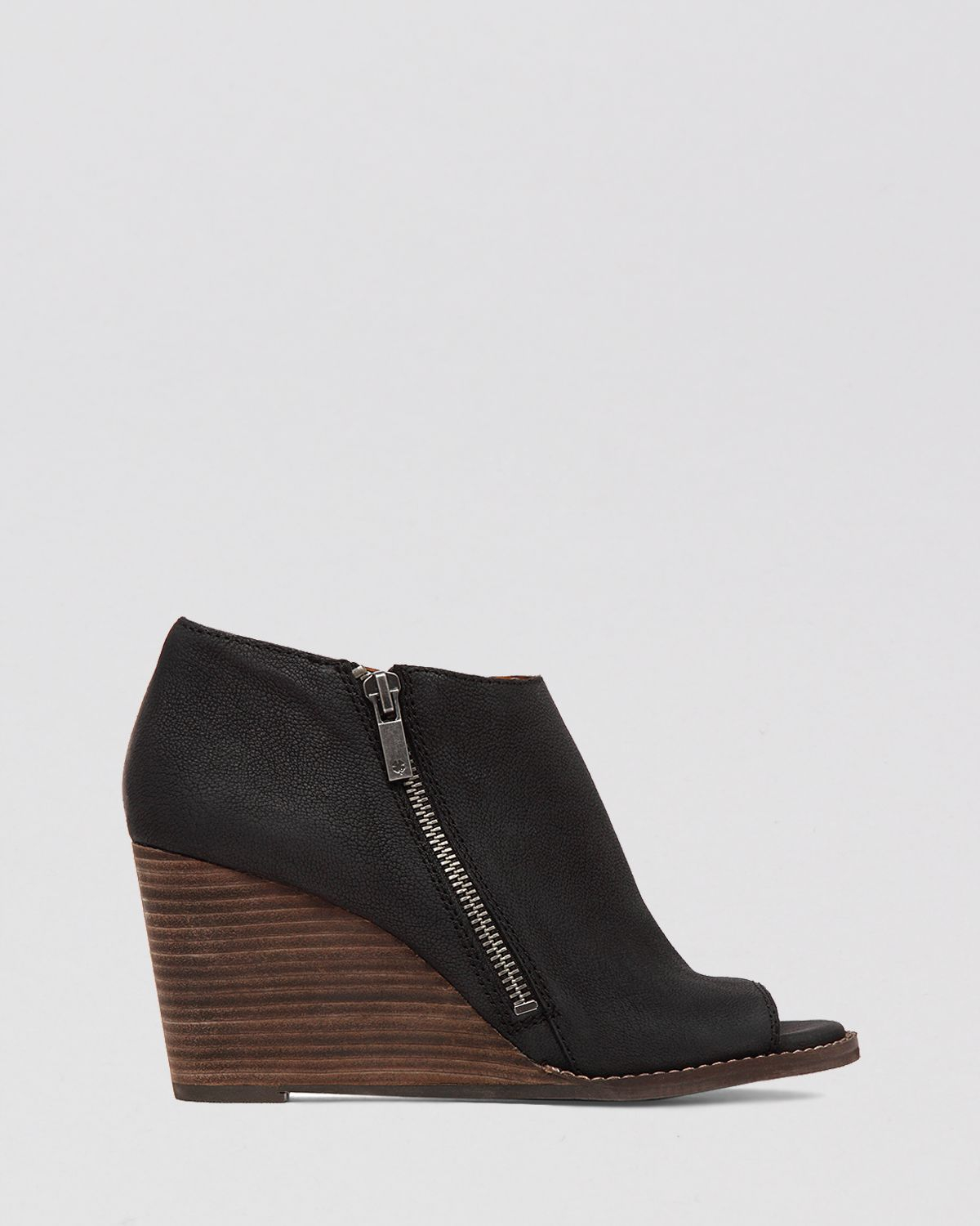 Lucky Brand Peep Toe Wedge Booties Jaspah in Black | Lyst