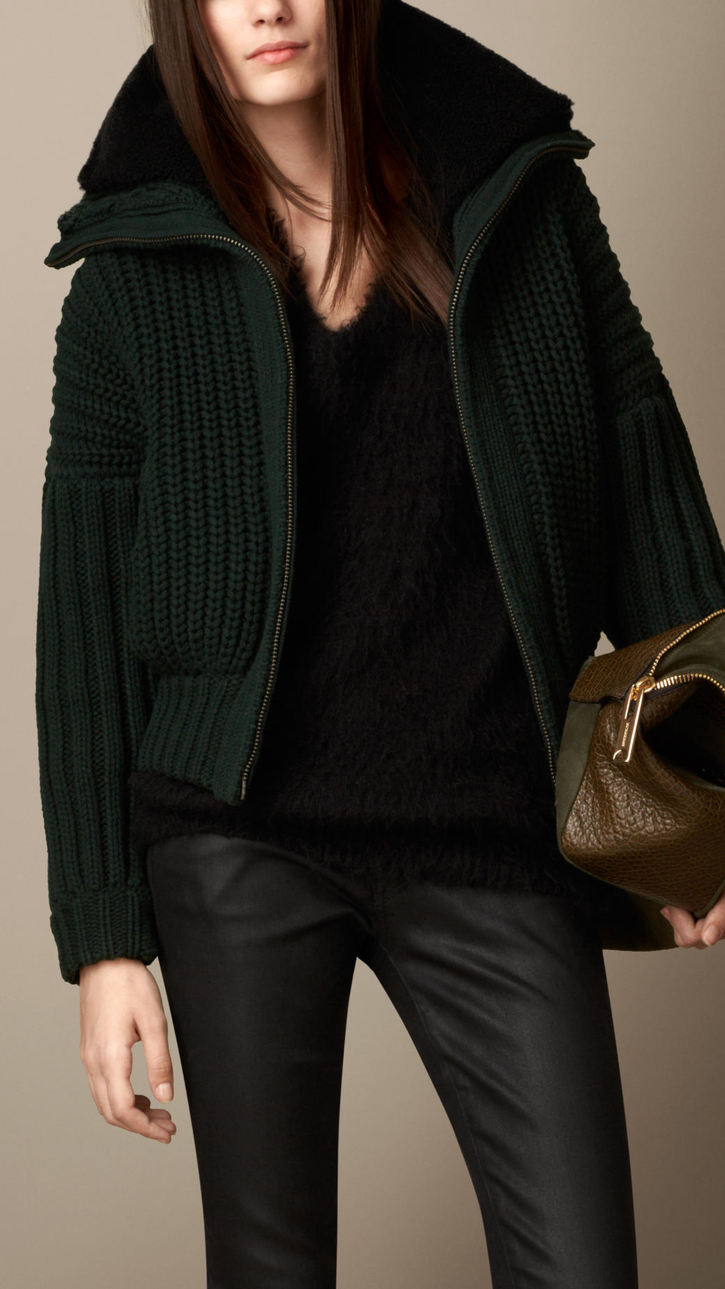 Burberry Knitted Bomber Cardigan With Removable Shearling Collar in