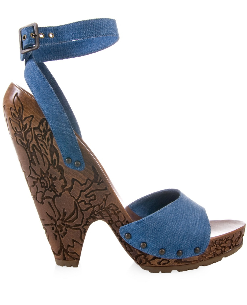 Stella McCartney Denim Sandal with Carved Wooden Heel in Blue - Lyst