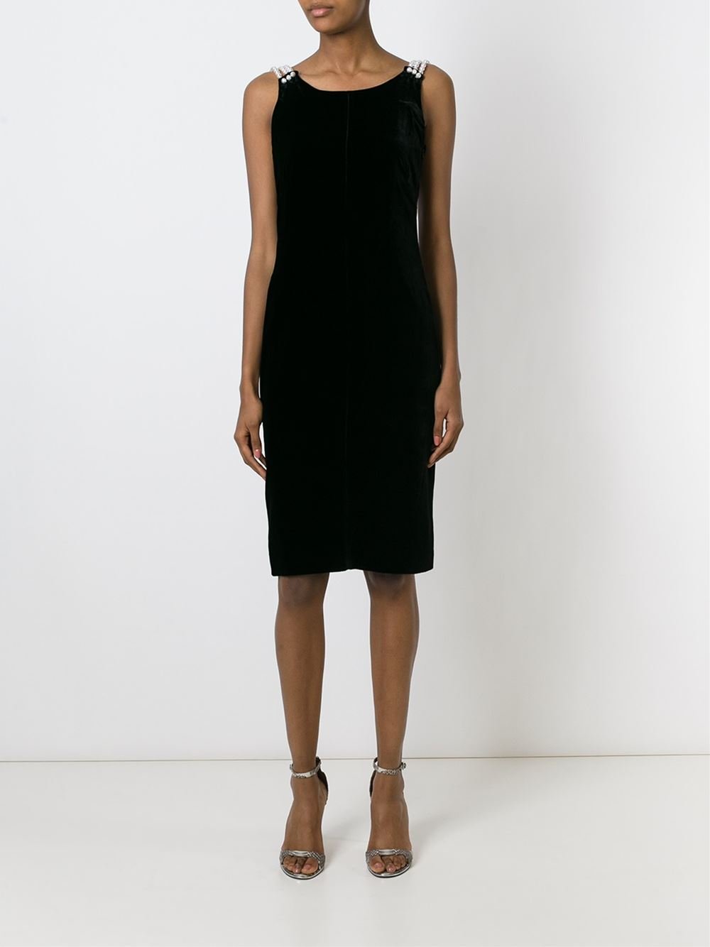 black dress with pearl straps