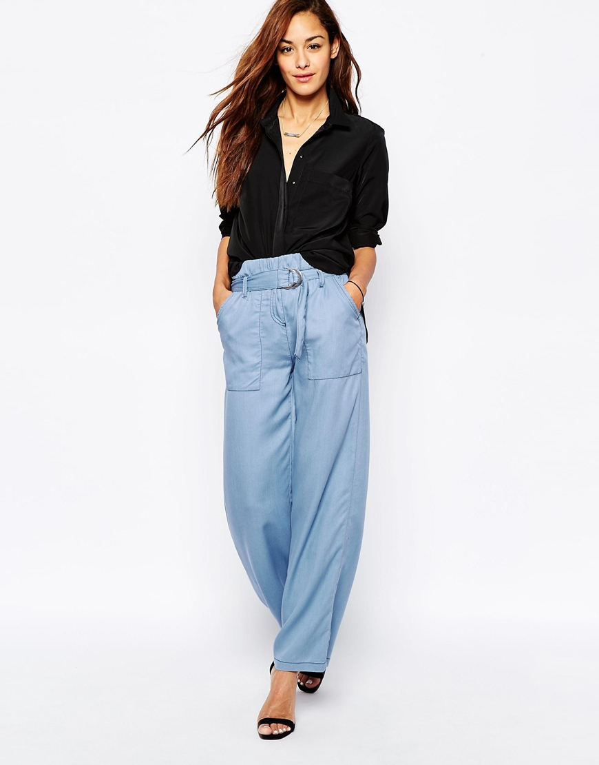ASOS Soft Wide Leg Pants In Chambray With D-ring Belt in Blue - Lyst