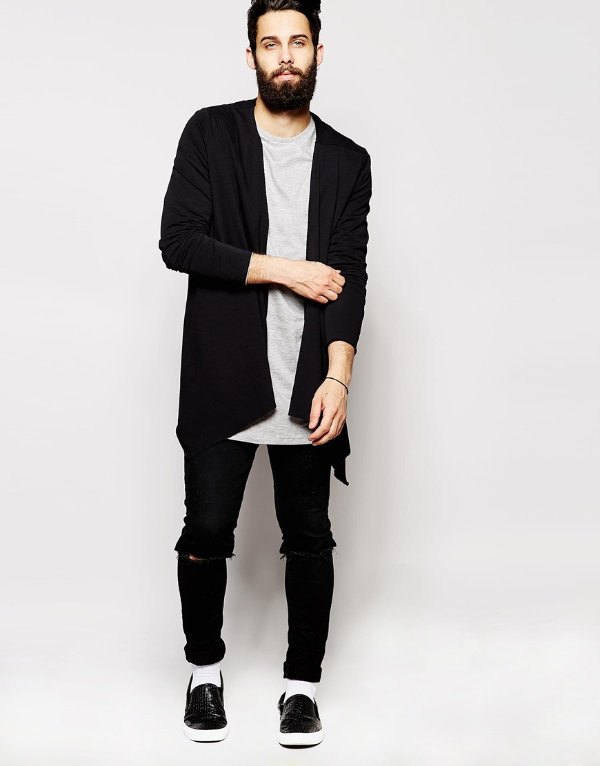 Asos Longline Cardigan With Extreme Waterfall In Jersey in Black for Men Lyst