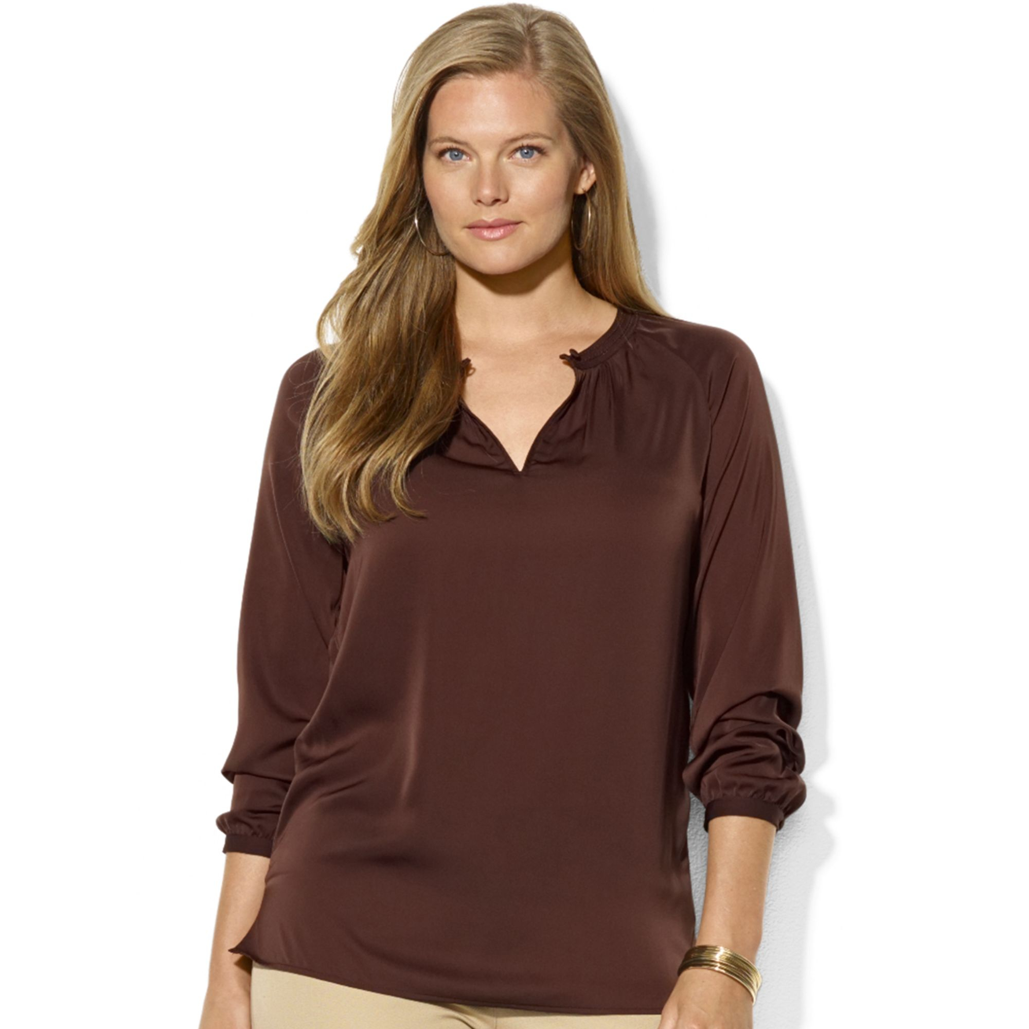 Lauren by Ralph Lauren Plus Size Long-Sleeve Satin Blouse in Brown | Lyst