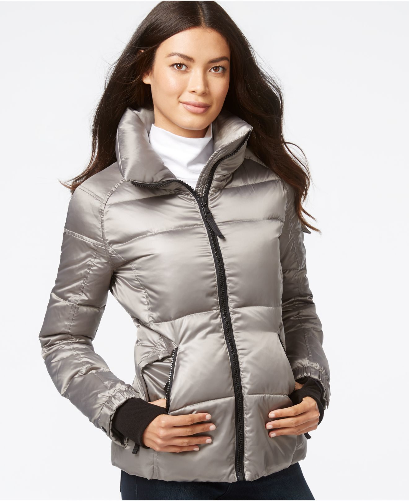 S13 Nyc Rider Pillow Collar Down Puffer Coat In Metallic Silver