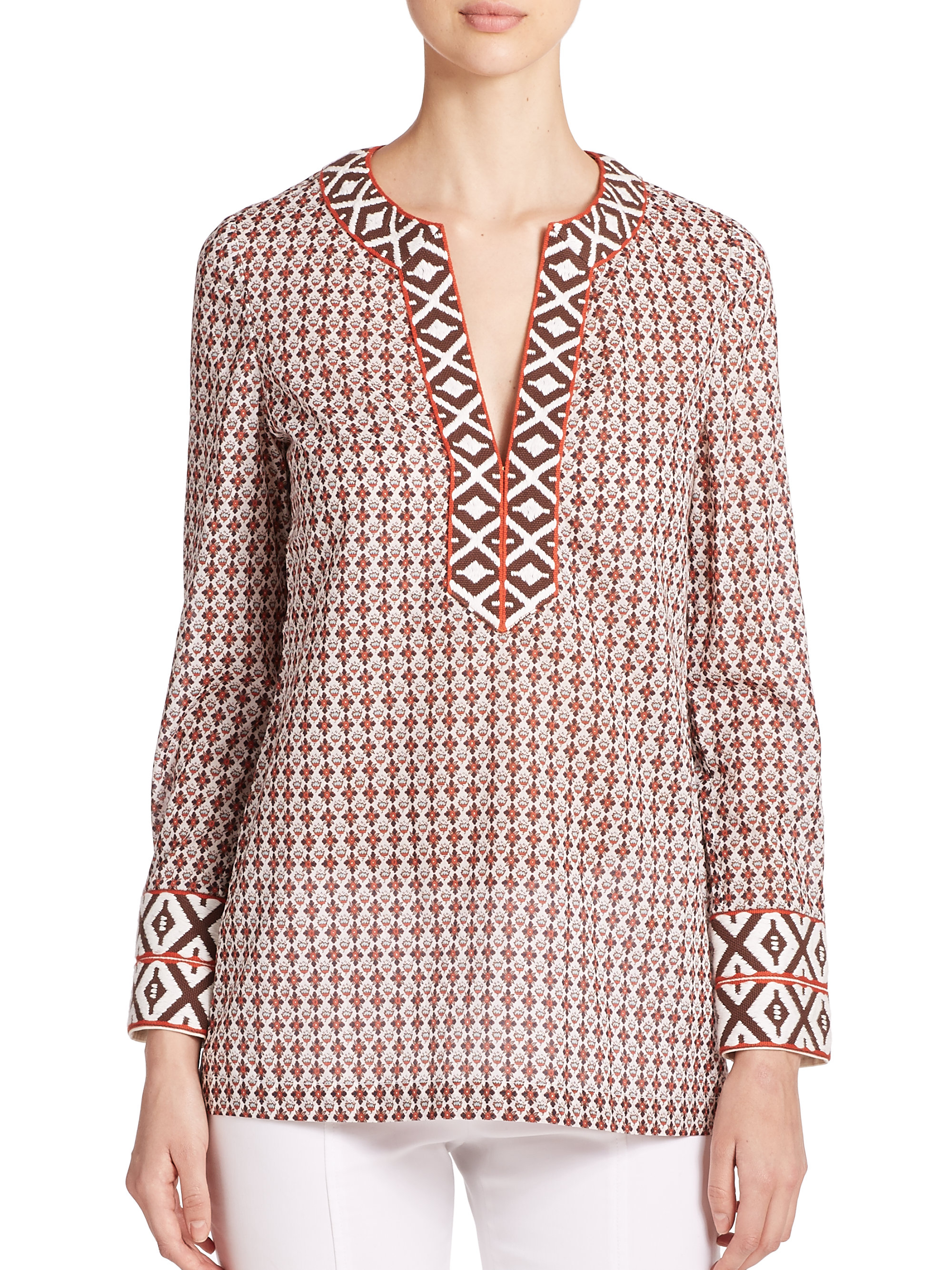 Tory Burch Printed Cotton Tunic in Brown - Lyst