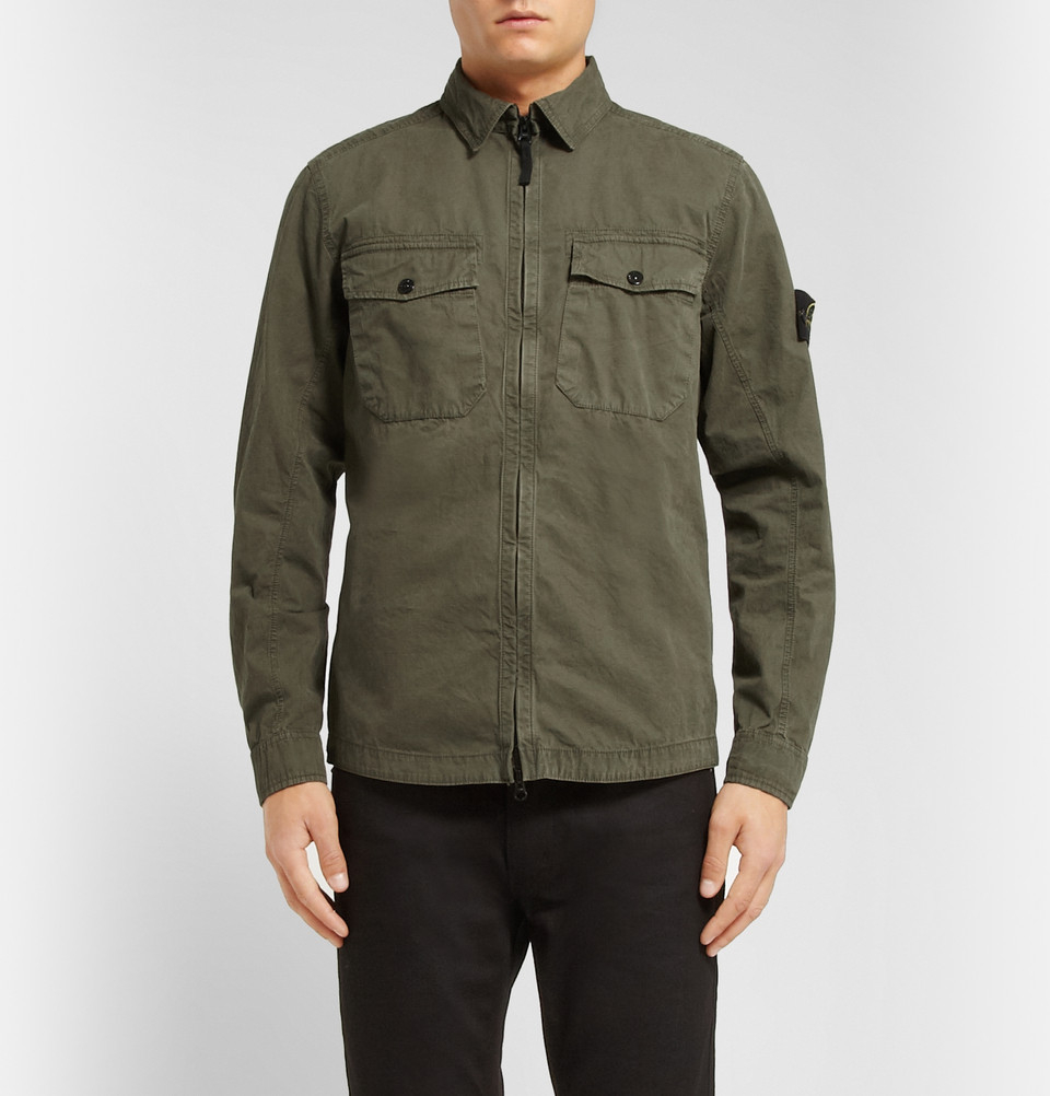 Stone Island Zipped Washed Cotton Overshirt in Green for Men | Lyst