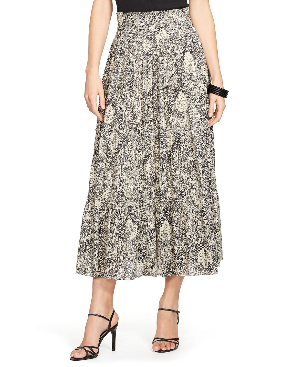 Ralph lauren Lauren Geometric Print Tier Midi Skirt in Gray | Lyst