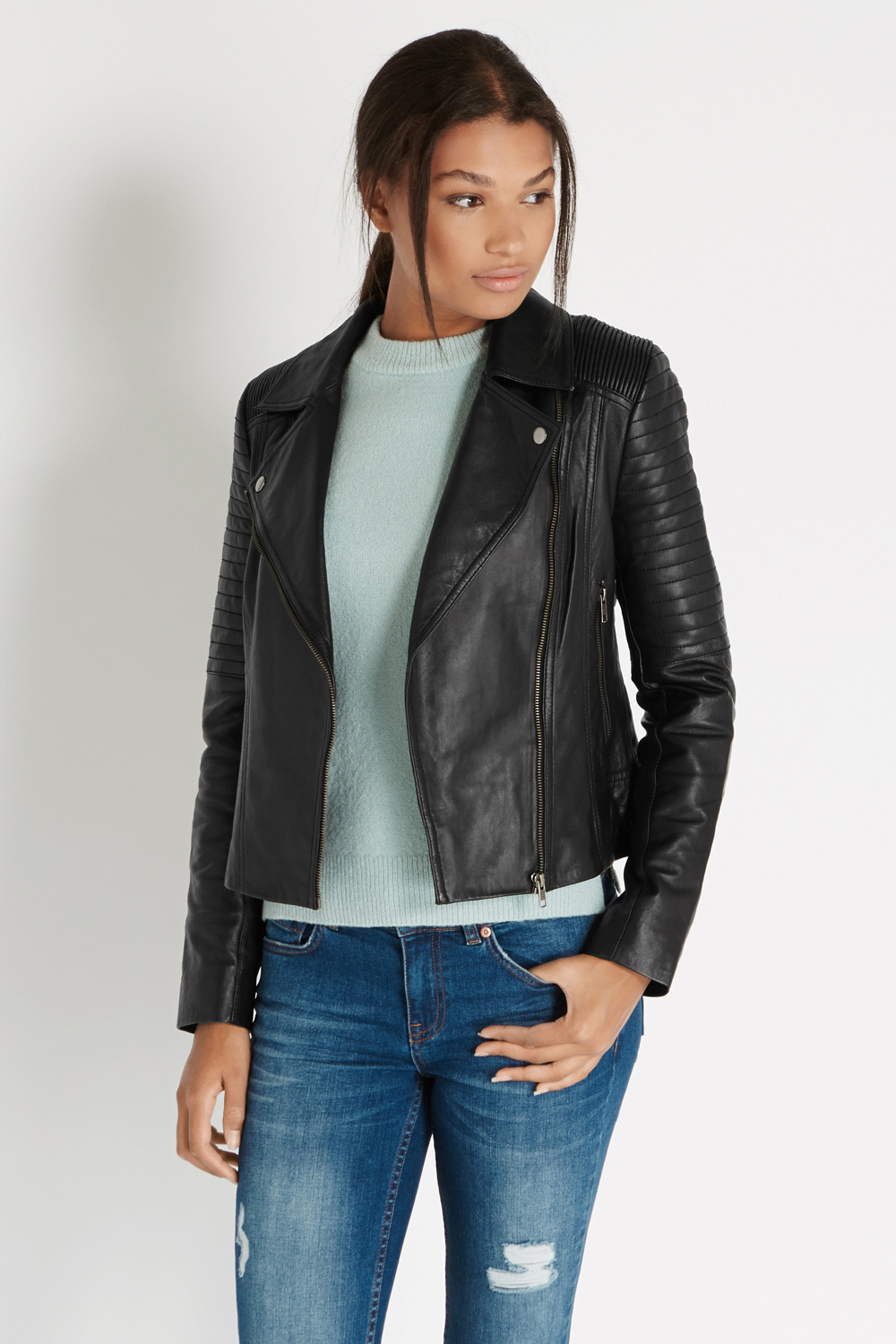 Oasis Alexa Leather Biker Jacket In Black Lyst Oasis Alexa Leather Biker Jacket In
