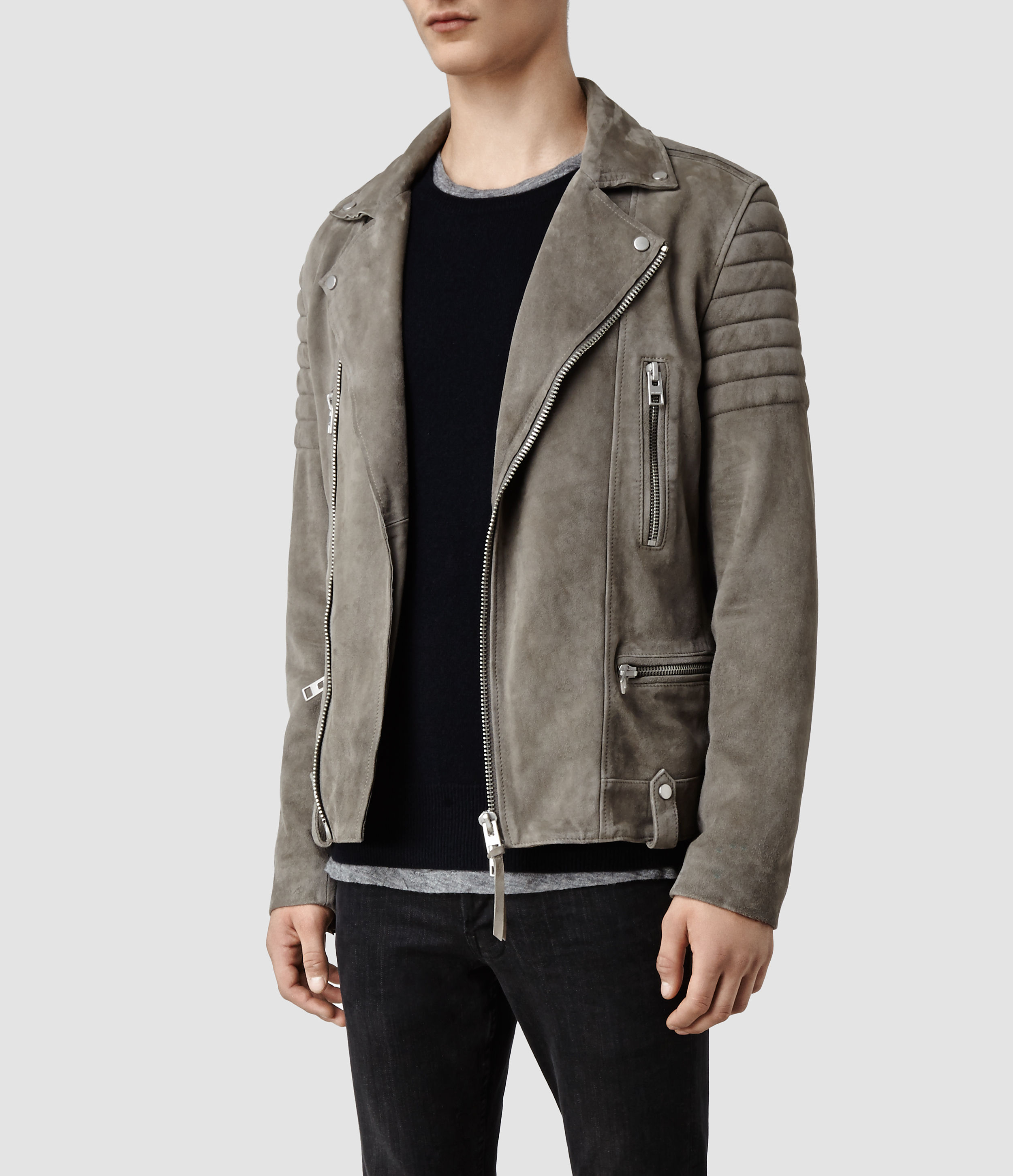 AllSaints Murphy Leather Biker Jacket in Gray for Men - Lyst