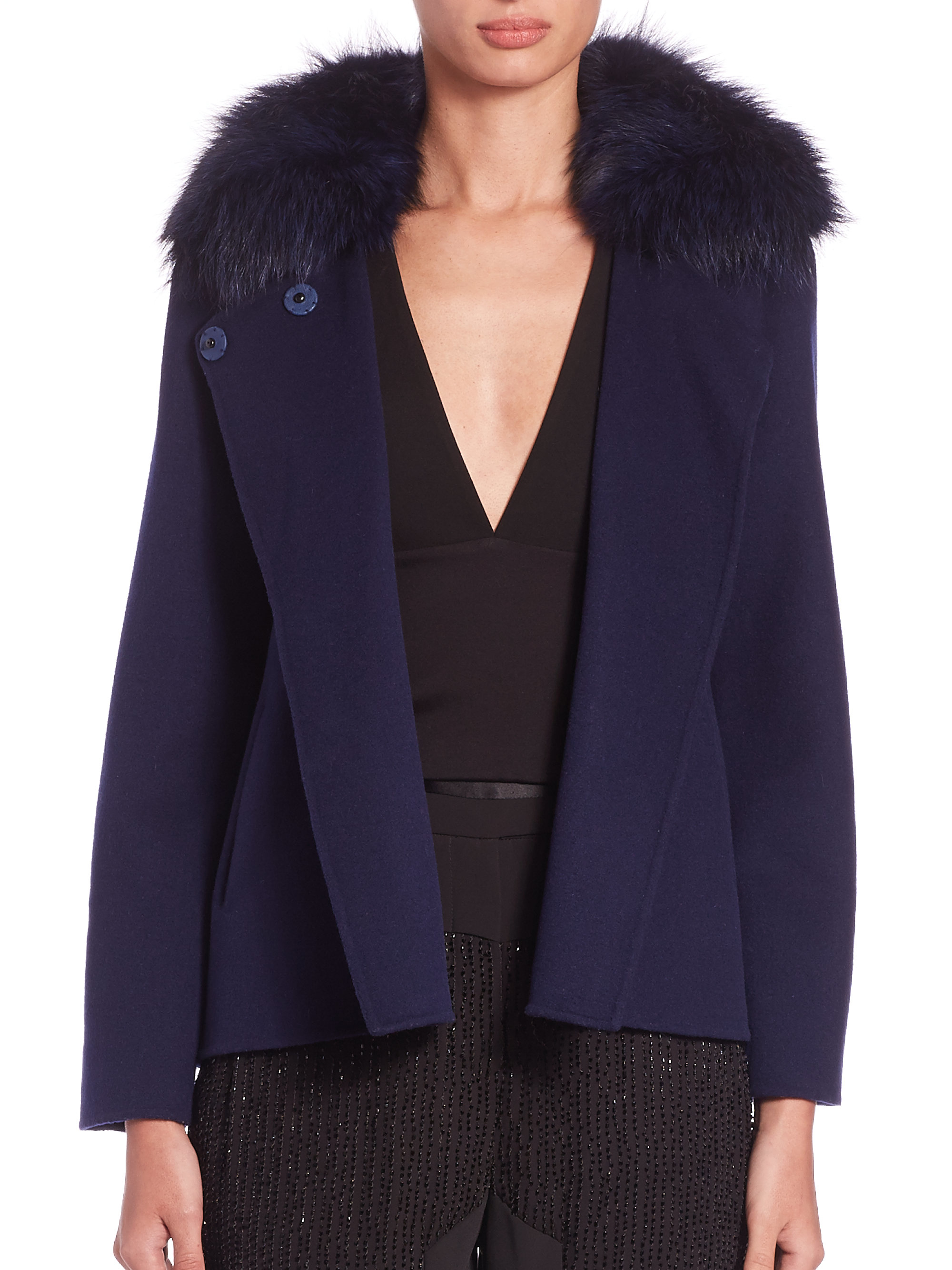 Lyst - Halston Fur-collar Jacket in Blue