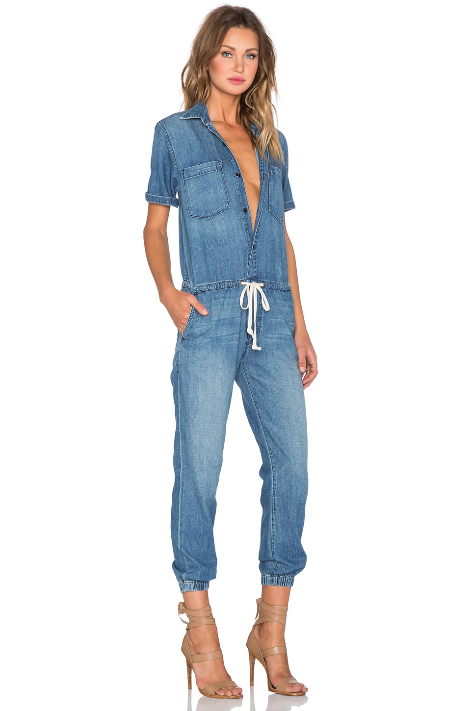 grootmoeder draaipunt Napier Mother Short-Sleeved Denim Jumpsuit in Blue | Lyst