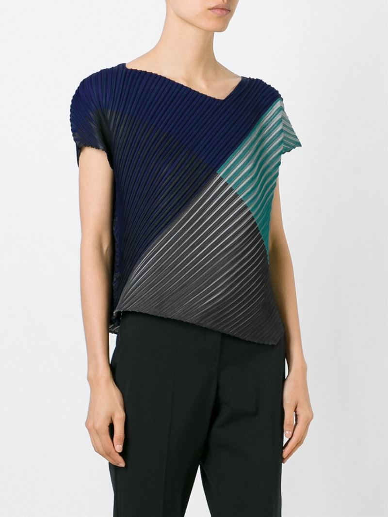 Pleats Please Issey Miyake Color Block Pleated Top in Blue - Lyst