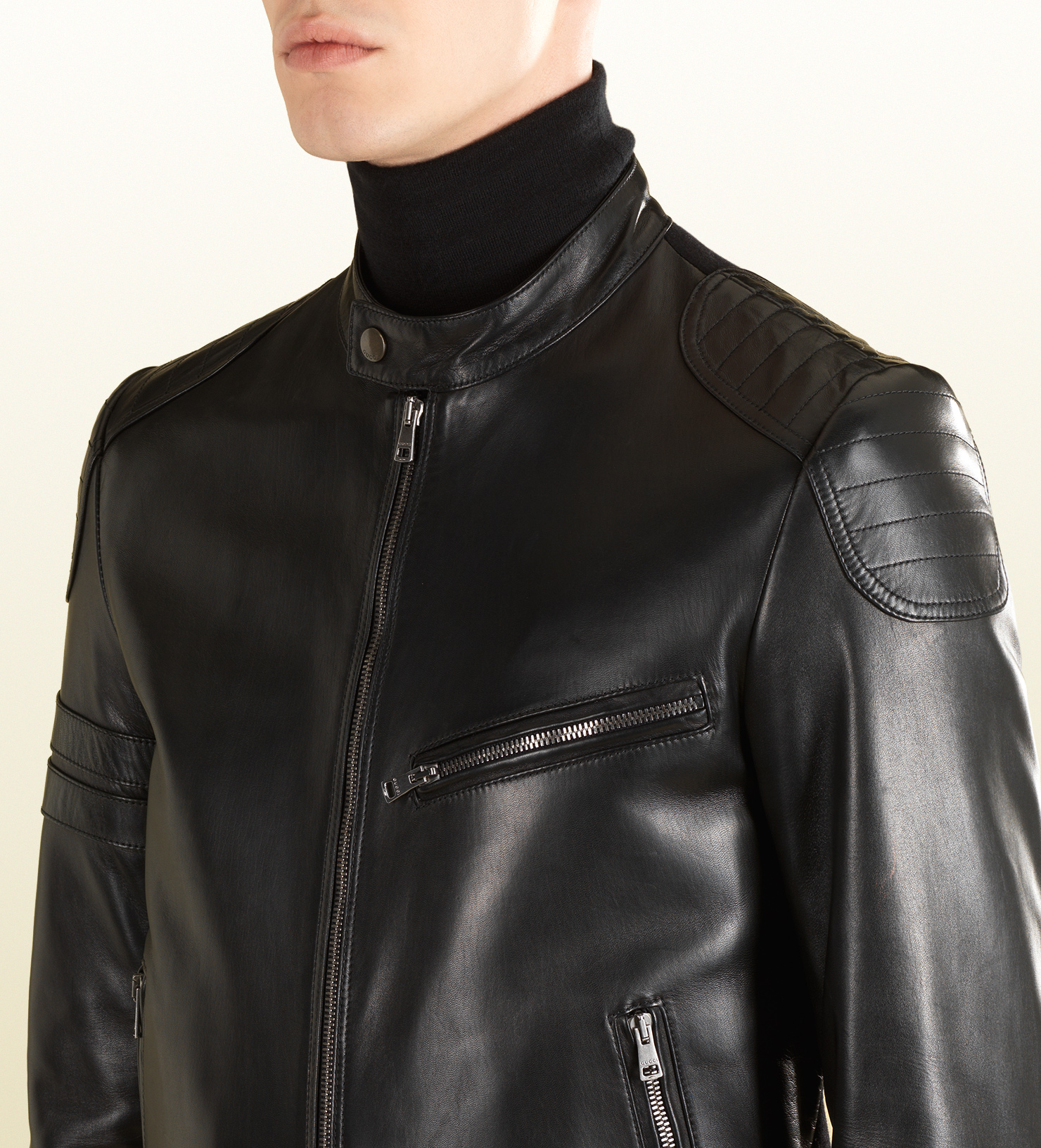 Gucci Black Leather And Wool Combo Biker Jacket In For Men Gallery