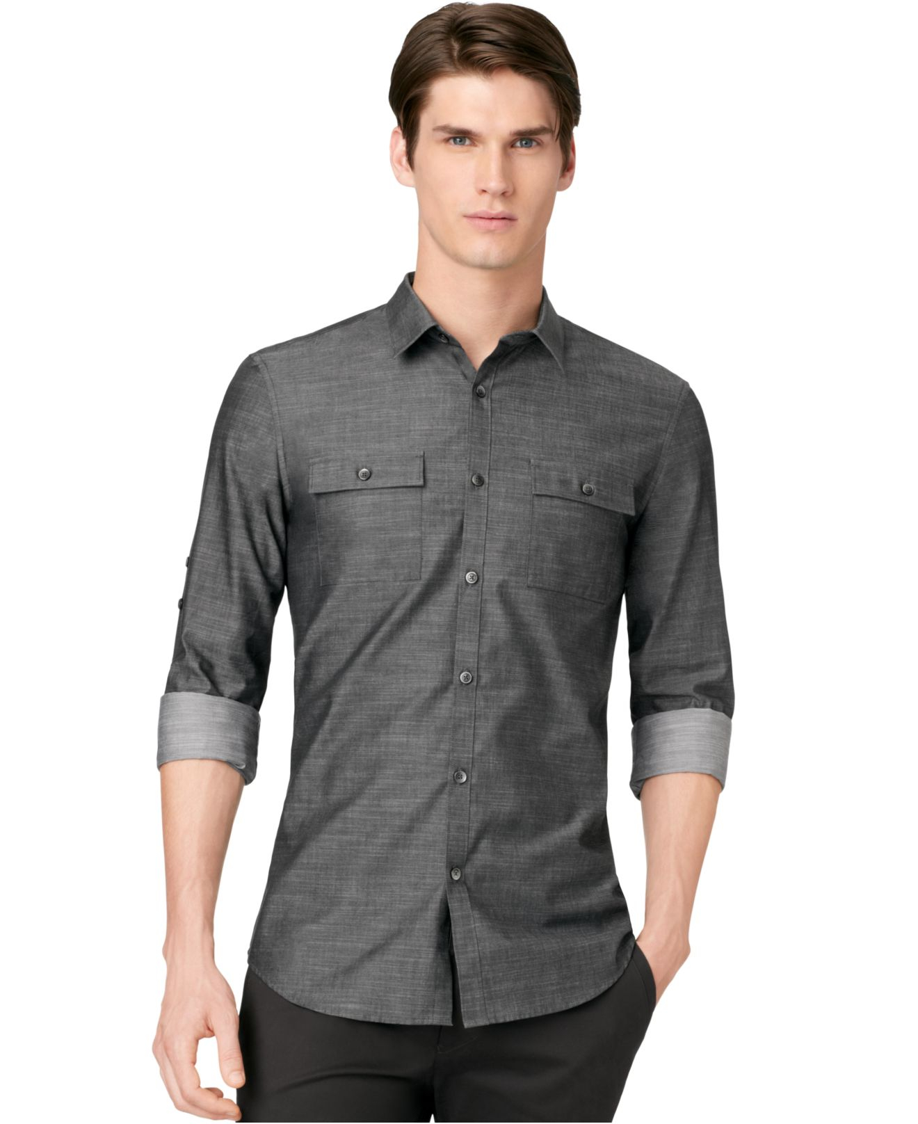 Calvin Klein Roll-Tab Sleeve Slim-Fit Shirt in Gray for Men | Lyst