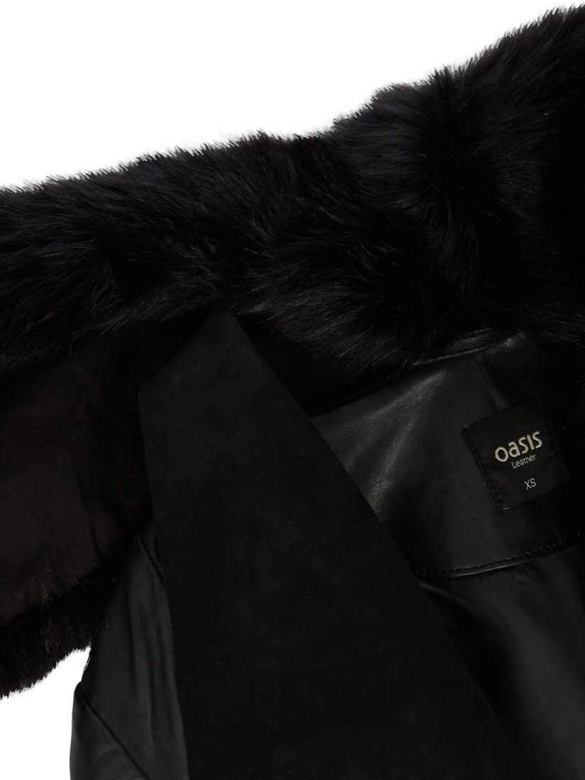 Oasis Faux Fur Collar Leather Drape Jacket In Black Lyst