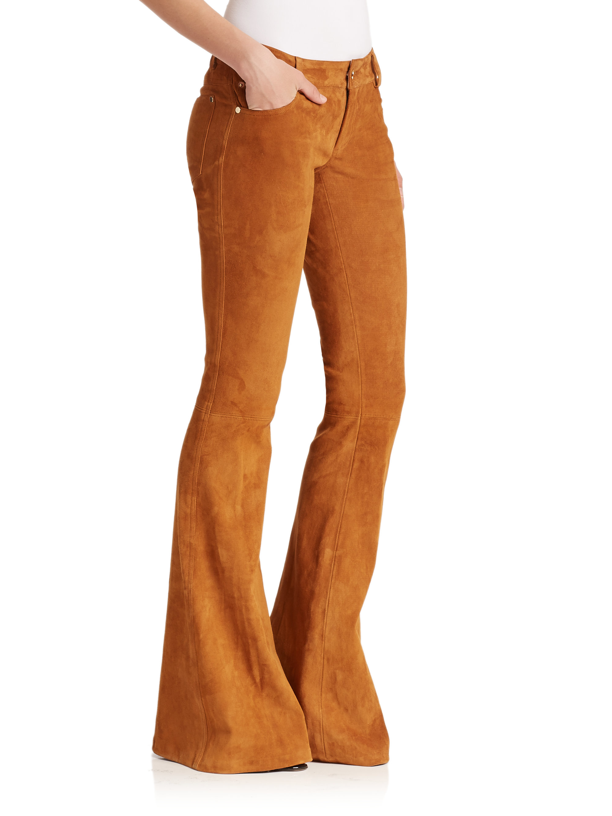 Alice + Olivia Suede Bell-bottom Pants in Camel (Brown) - Lyst