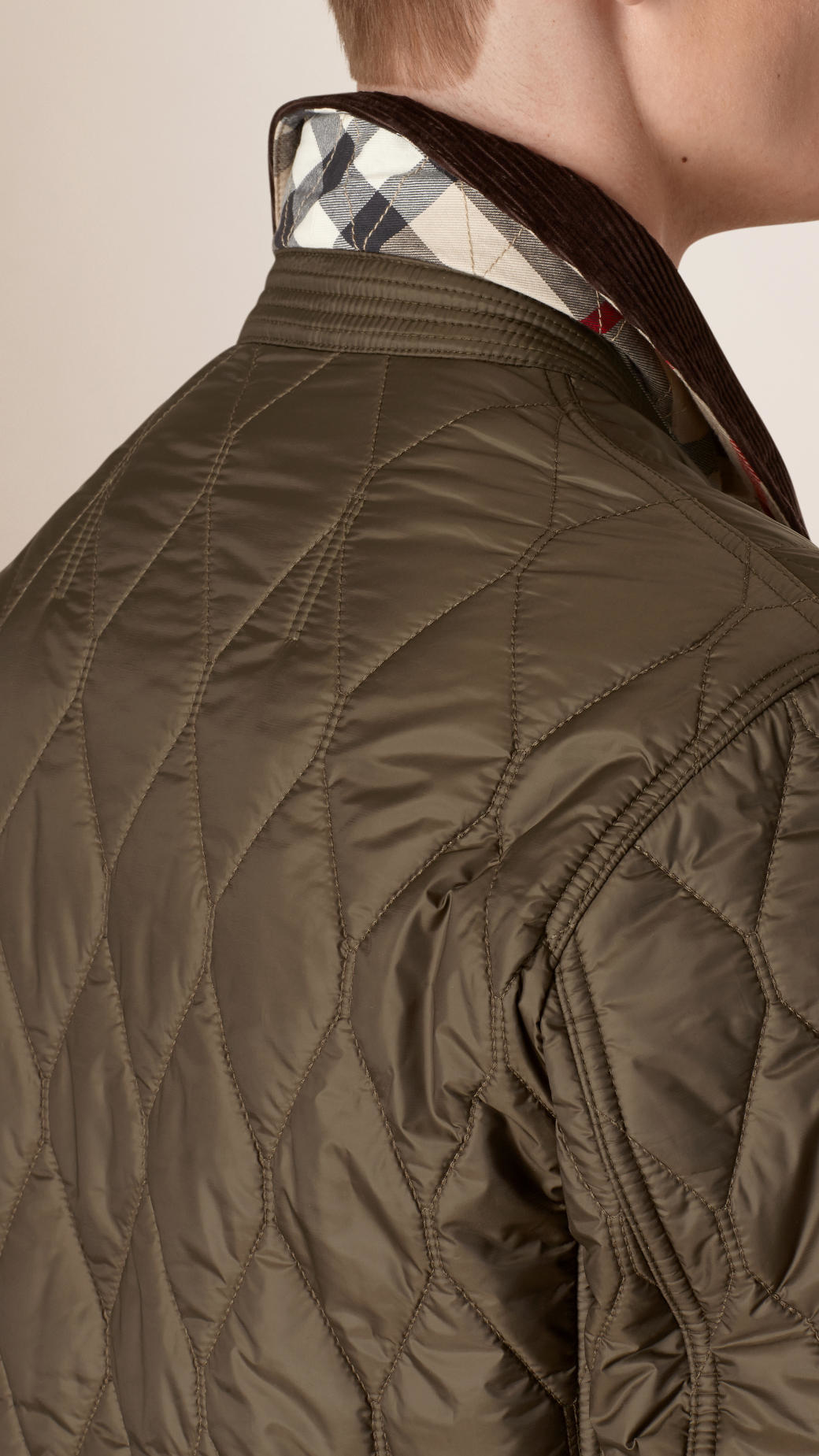 Burberry Check Detail Quilted Jacket With Corduroy Collar in Green for