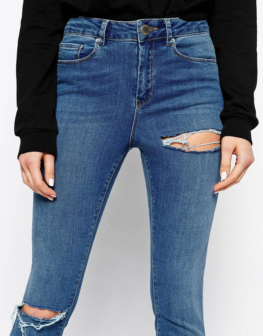 Lyst - Asos Ridley Skinny Jeans In Busted Blue Mid Wash With Busted Thigh Rip & Ripped Knee in Blue