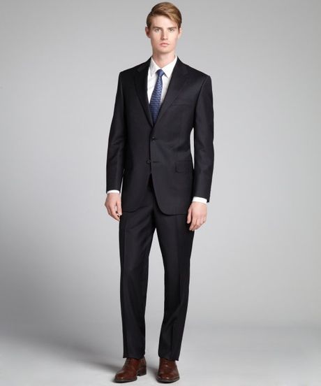 Hickey Freeman Black Pinstripe Worsted Wool Twobutton Suit with Flat ...
