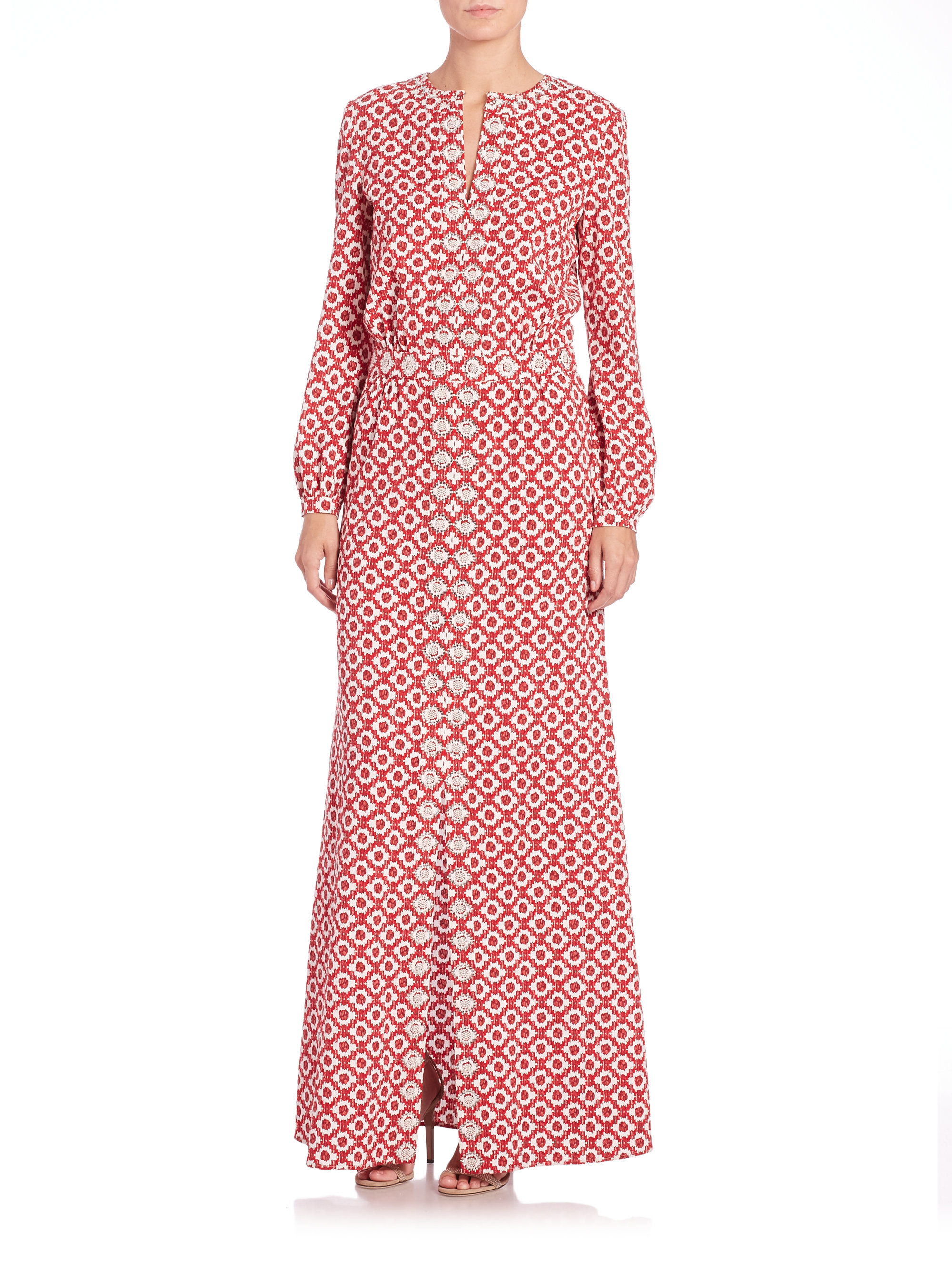 Tory Burch Silk & Cotton Embellished Caftan in Red | Lyst