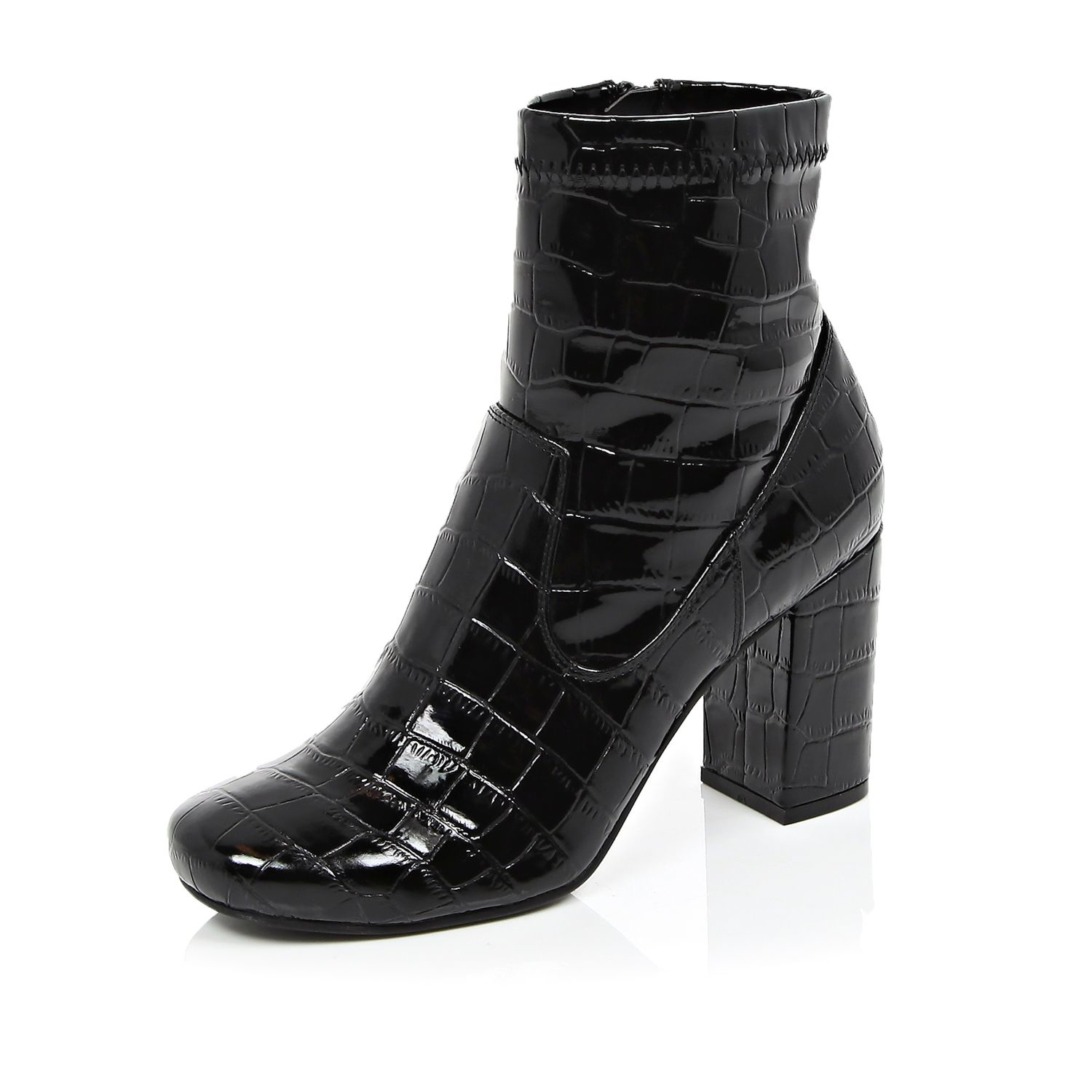 Black Patent Croc Heeled Ankle Boots 