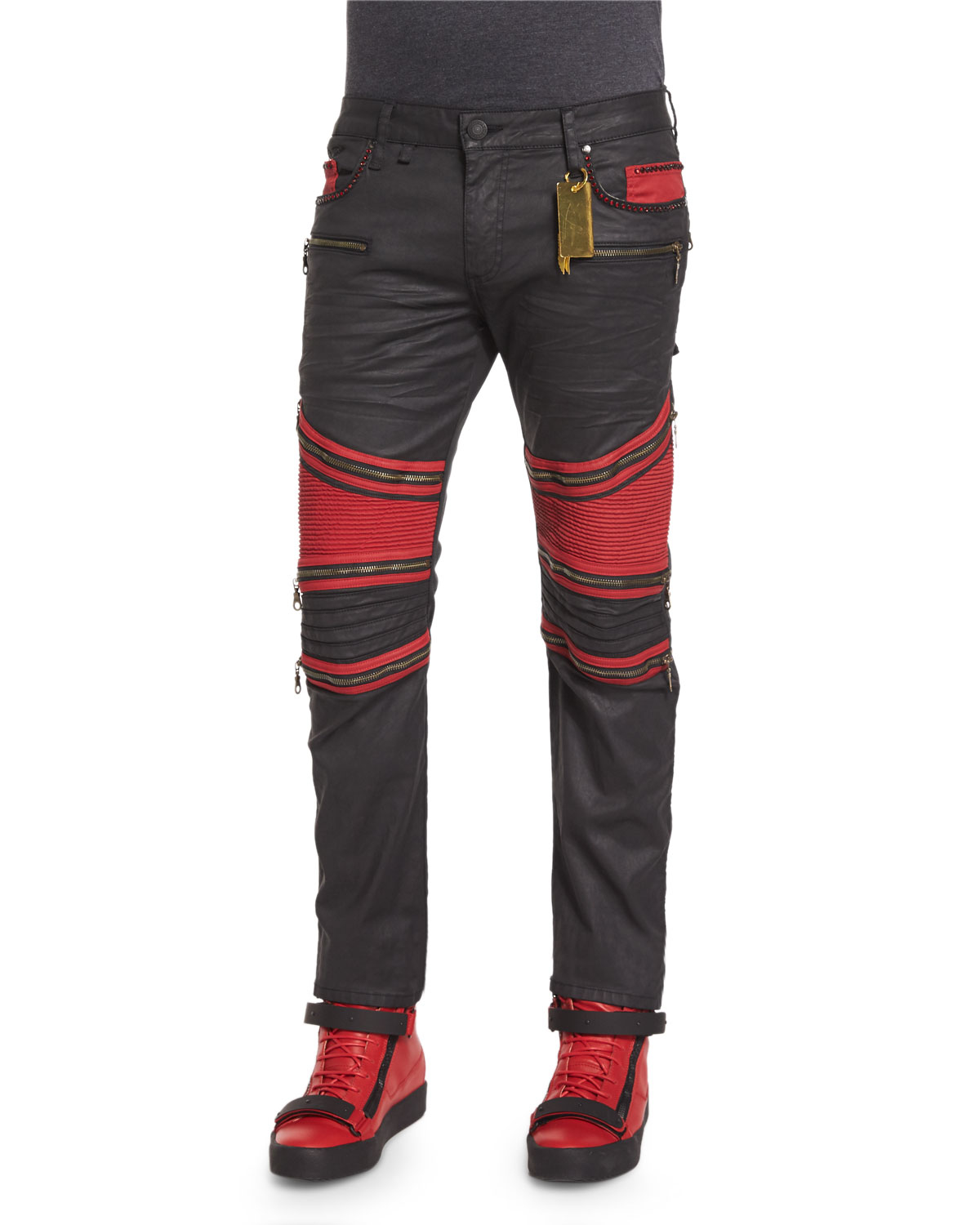 black and red robin jeans