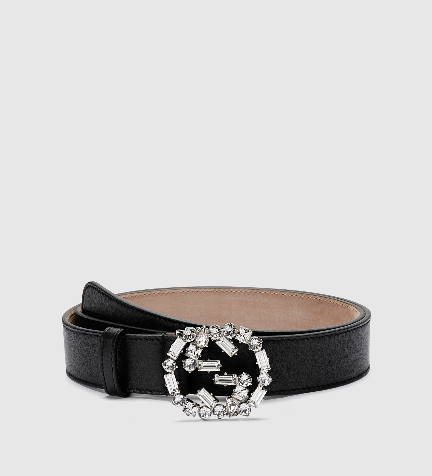 Double G Crystal Embellished Leather Belt in Black - Gucci