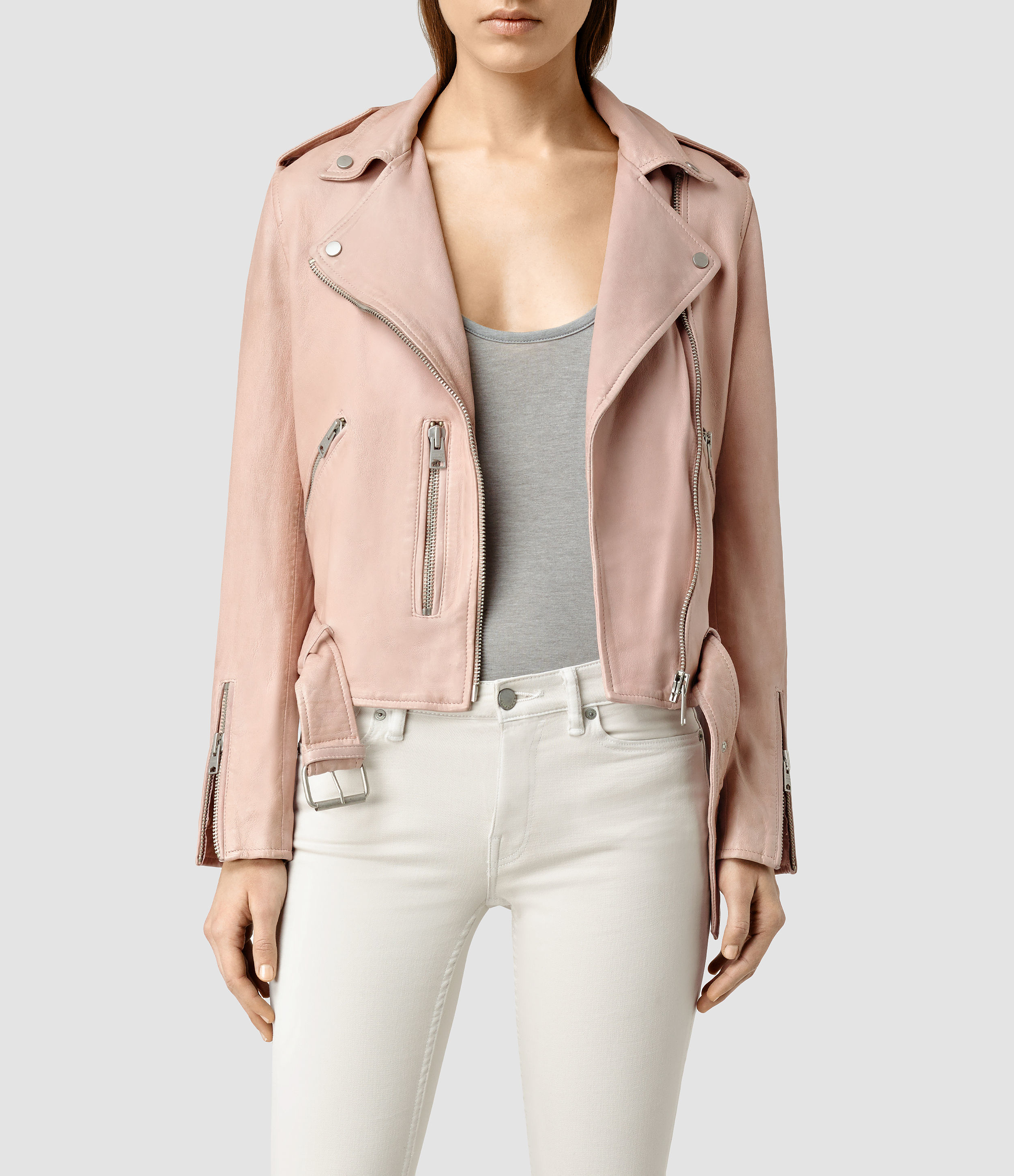 Allsaints Pink Wyatt Leather Biker Jacket