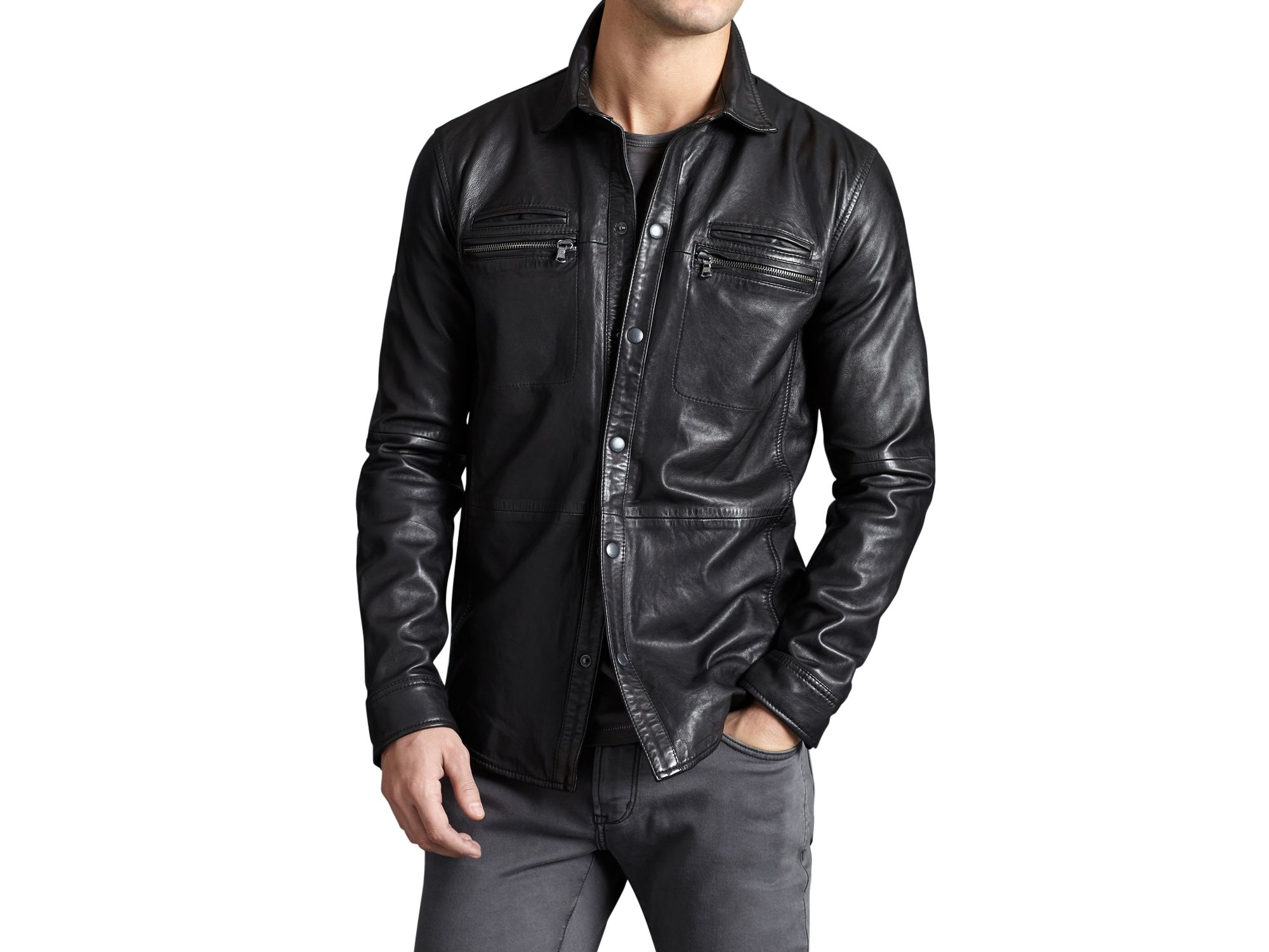 John Varvatos Leather Shirt Jacket in Black for Men | Lyst